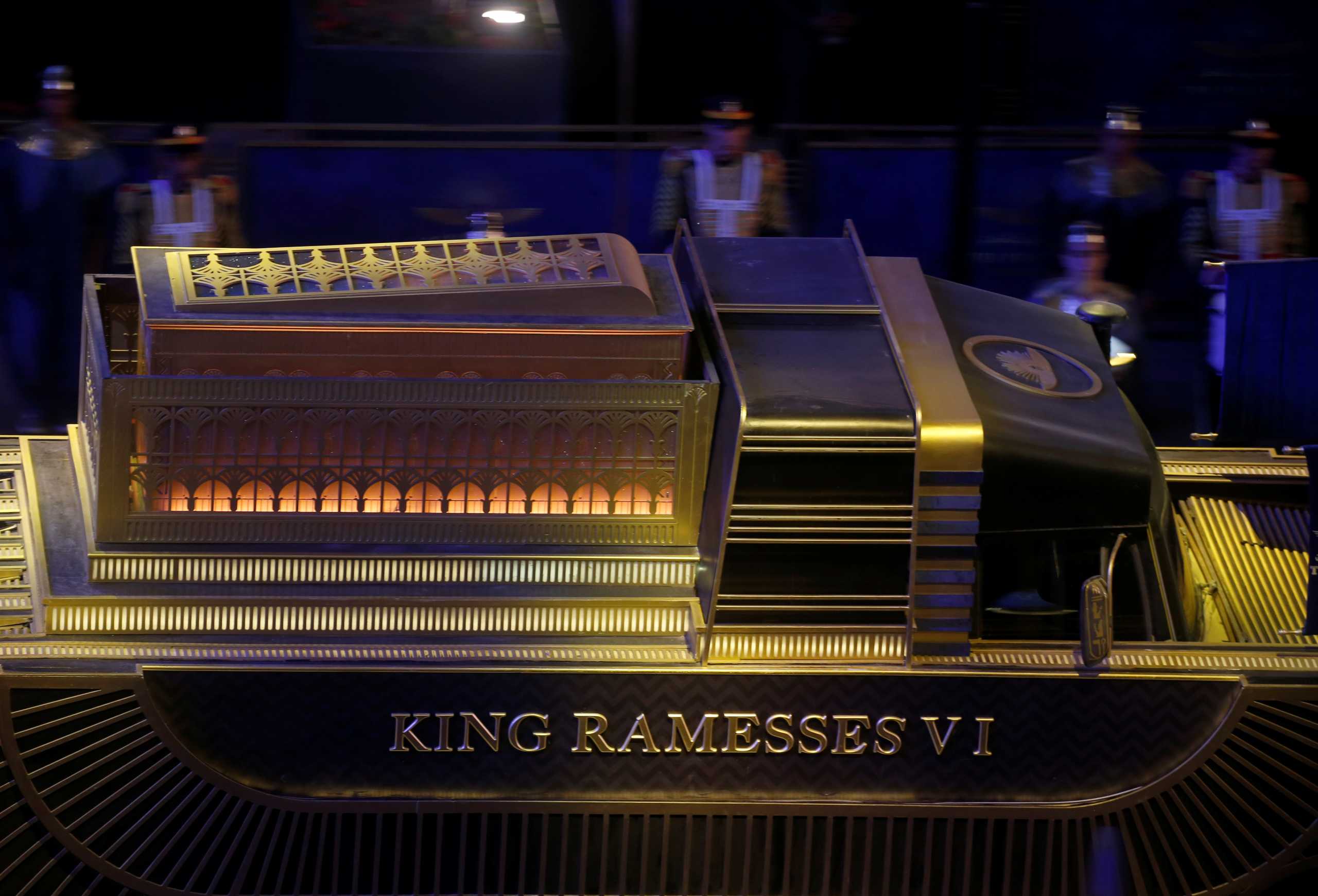 The mummy of King Ramesses VI is transported in a convoy from the Egyptian Museum in Tahrir to the National Museum of Egyptian Civilization in Fustat, in Cairo, Egypt April 3, 2021. REUTERS