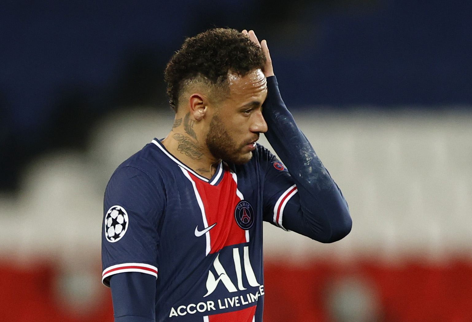 Soccer Football - Champions League - Quarter Final Second Leg - Paris St Germain v Bayern Munich - Parc des Princes, Paris, France - April 13, 2021 Paris St Germain's Neymar reacts REUTERS
