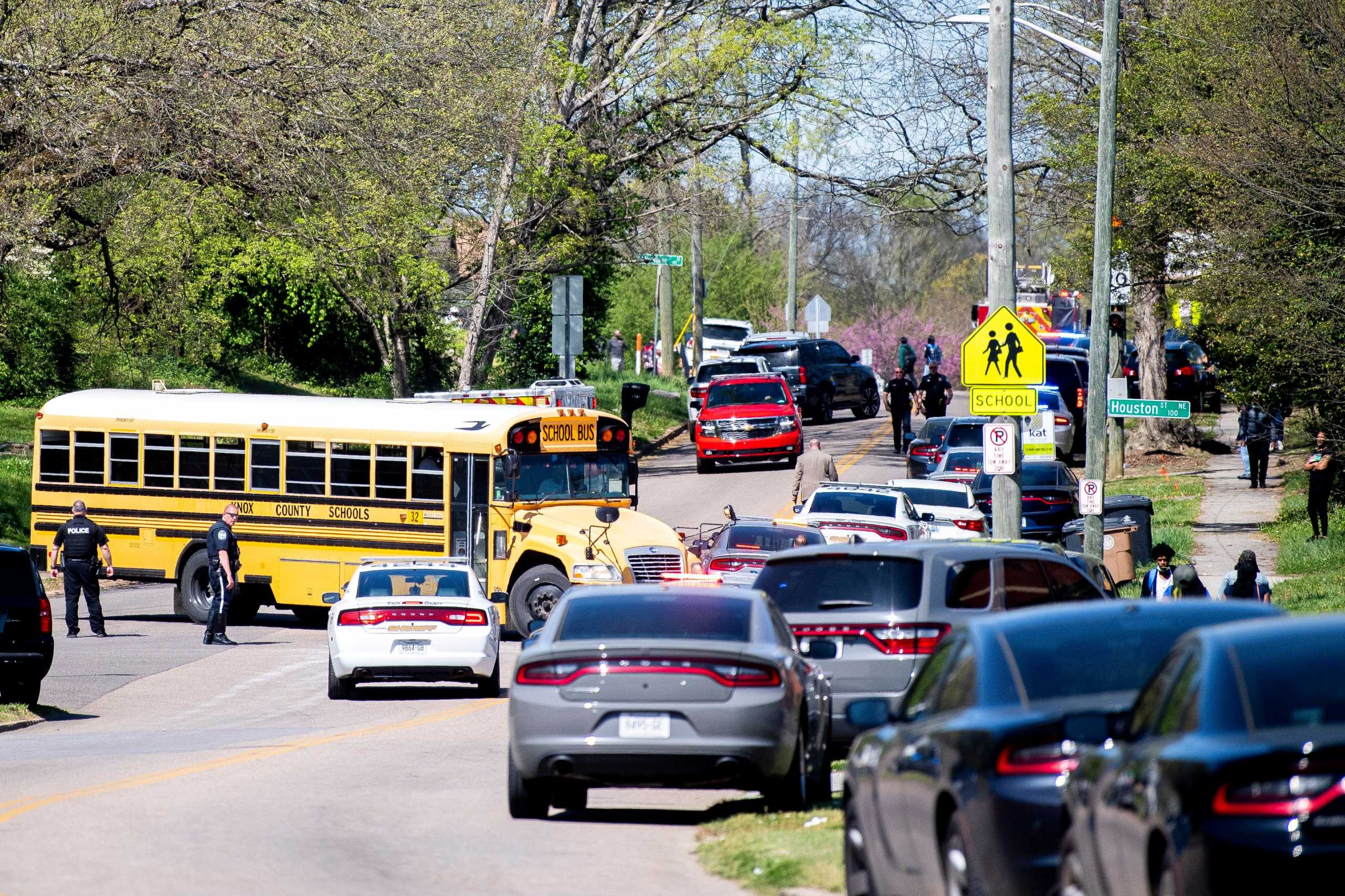 Police attend a shooting at Austin-East Magnet High School in Knoxville, Tennessee, U.S. April 12, 2021.   Brianna Paciorka