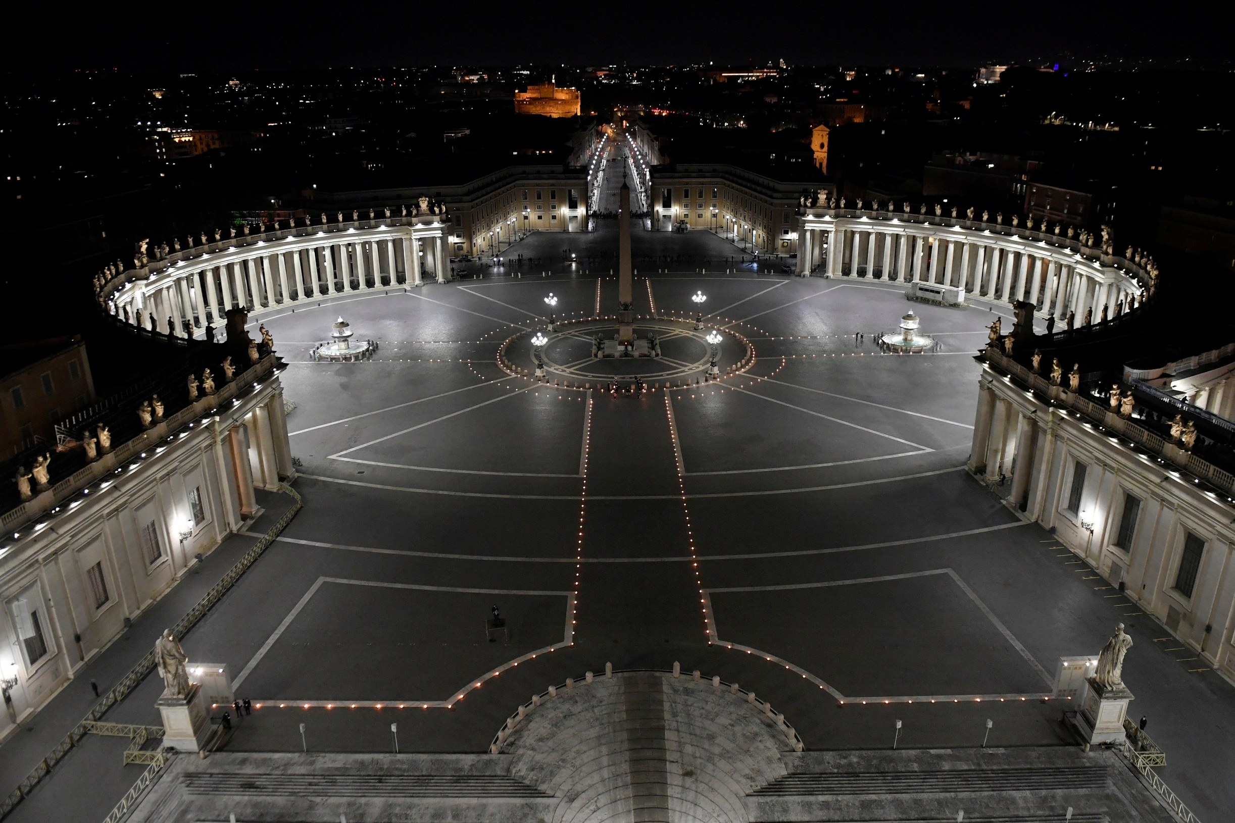 A view of St. Peter's square as Pope Francis leads the Via Crucis (Way of the Cross) procession during Good Friday celebrations at the Vatican, April 2, 2021. Vatican Media