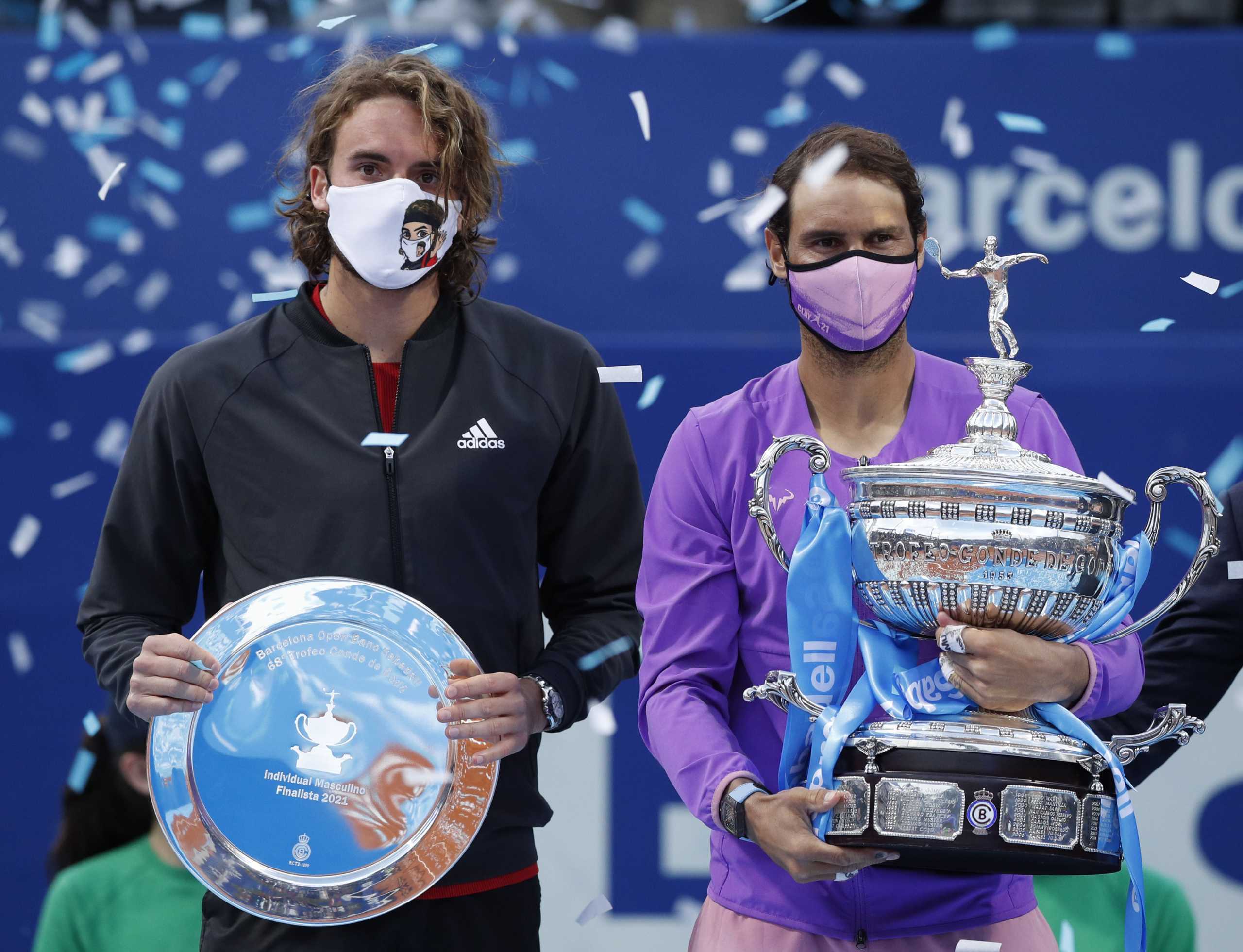 Tennis - ATP 500 - Barcelona Open - Real Club de Tennis Barcelona, Barcelona, Spain - April 25, 2021 Spain's Rafael Nadal and Greece's Stefanos Tsitsipas pose with their trophies after the final REUTERS