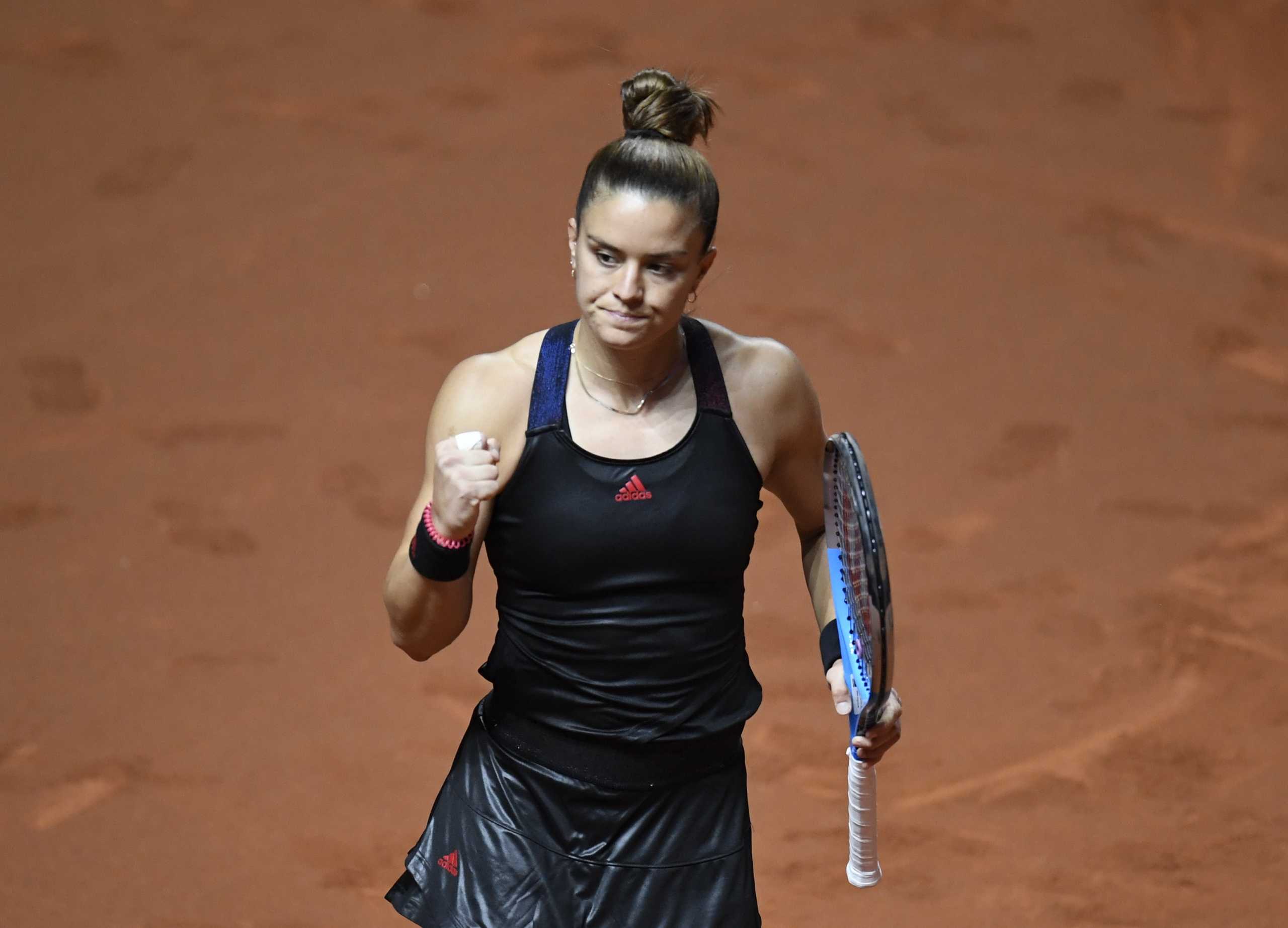 Tennis - WTA 500 - Stuttgart Open - Porsche-Arena, Stuttgart, Germany - April 19, 2021 Greece's Maria Sakkari reacts during her first round match against Germany's Andrea Petkovic Pool via REUTERS