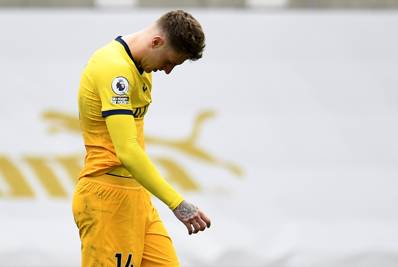 Soccer Football - Premier League - Newcastle United v Tottenham Hotspur - St James' Park, Newcastle, Britain - during the match Tottenham Hotspur's Joe Rodon looks dejected after the match Pool via REUTERS