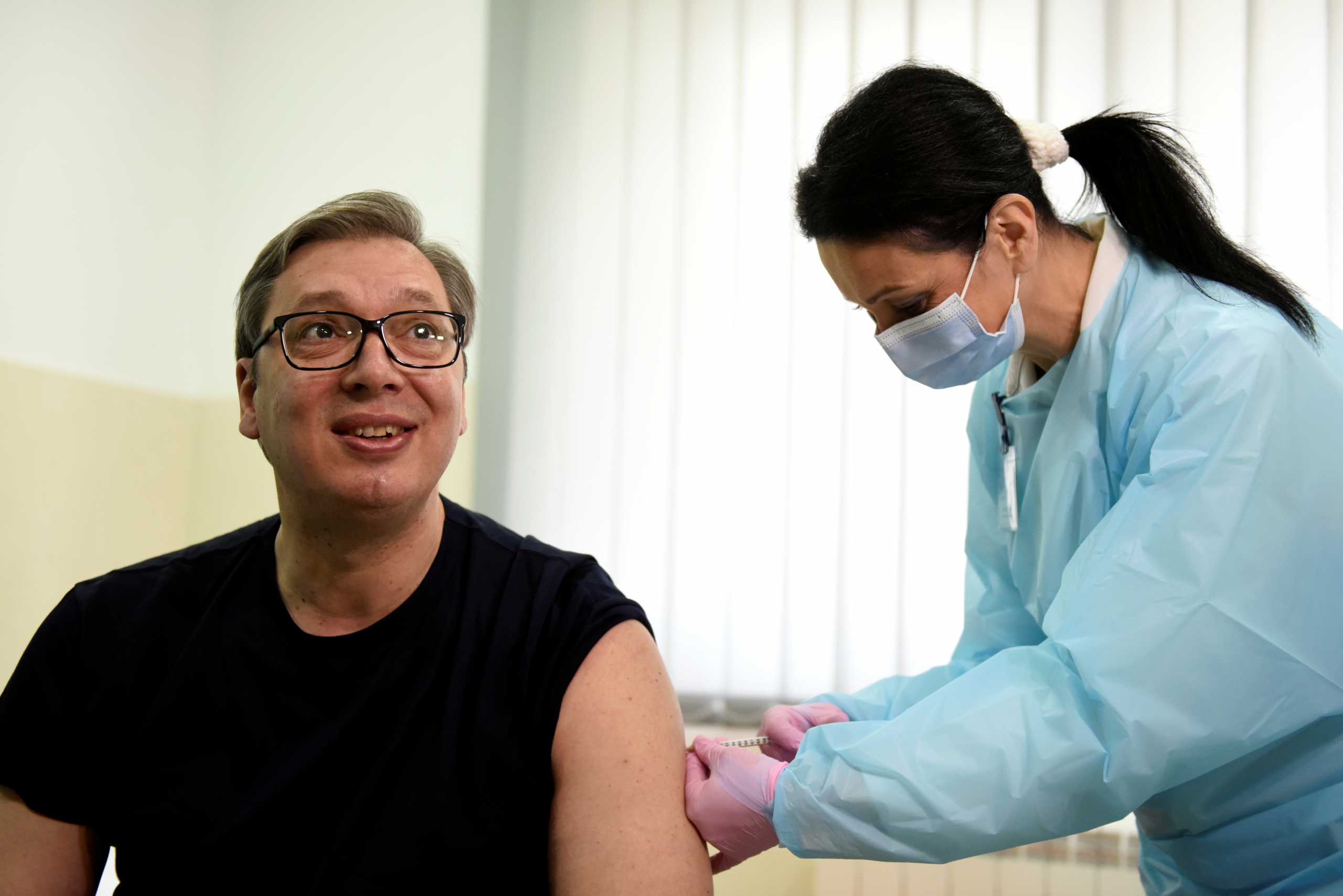 President of Serbia Aleksandar Vucic receives the Chinese Sinopharm vaccine against the coronavirus disease (COVID-19) at a health station of the Health Center "Dr Veroljub Cakic" Majdanpek, in Rudna Glava, Serbia, April 6, 2021. REUTERS