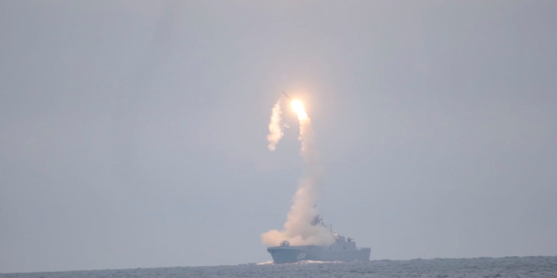 Tsirkon (Zircon) hypersonic cruise missile is launched from the Russian guided missile frigate Admiral Gorshkov during a test in the White Sea, in this still image taken from video released October 7, 2020. Russian Defence Ministry