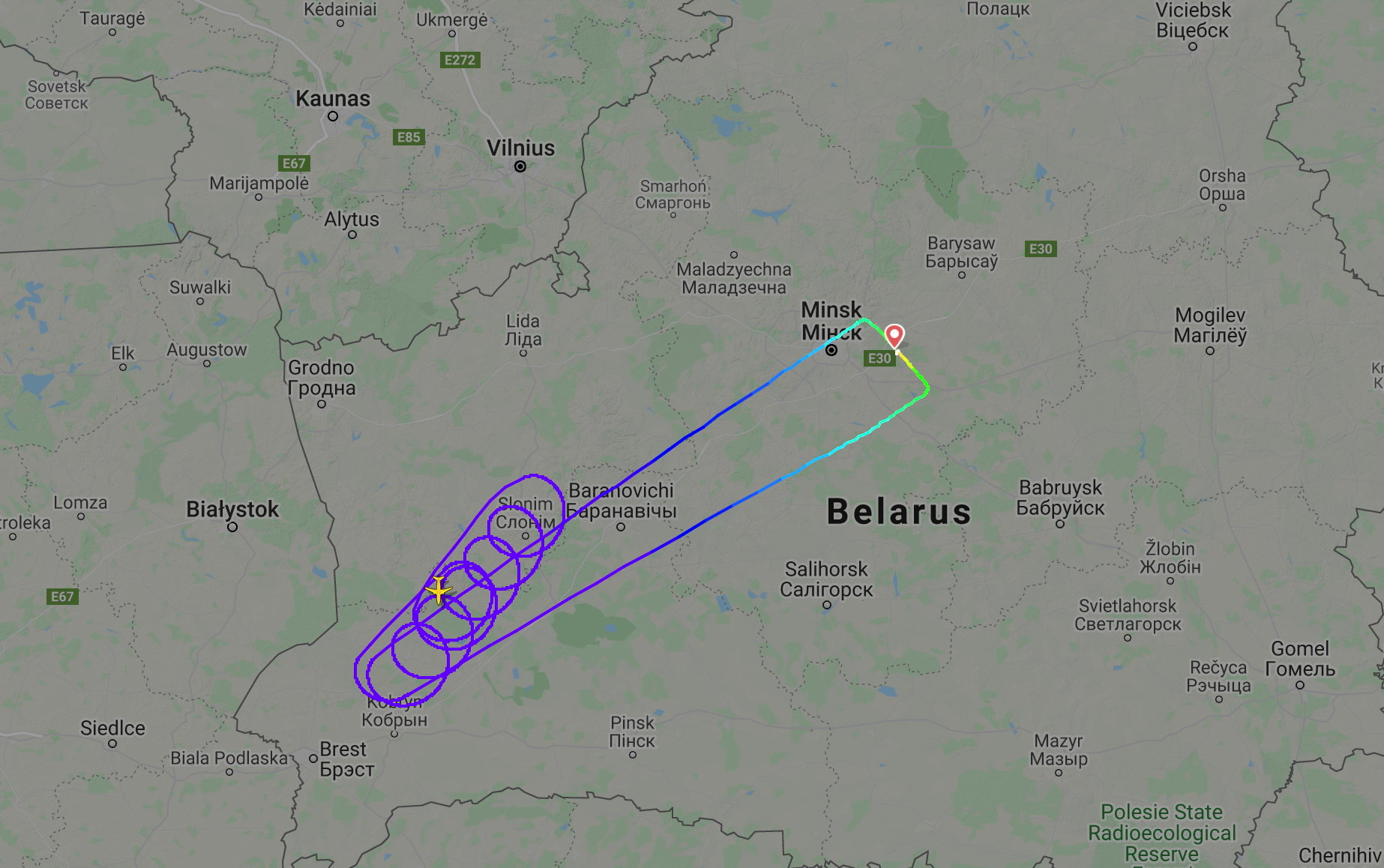 A still image taken from an animated graphic shows the flightpath of Belavia flight 2869 from Minsk to Barcelona flying in circles near Polish border before returning to Minsk due to ban on Belavia planes over French airspace, May 26, 2021. FLIGHTRADAR24.COM
