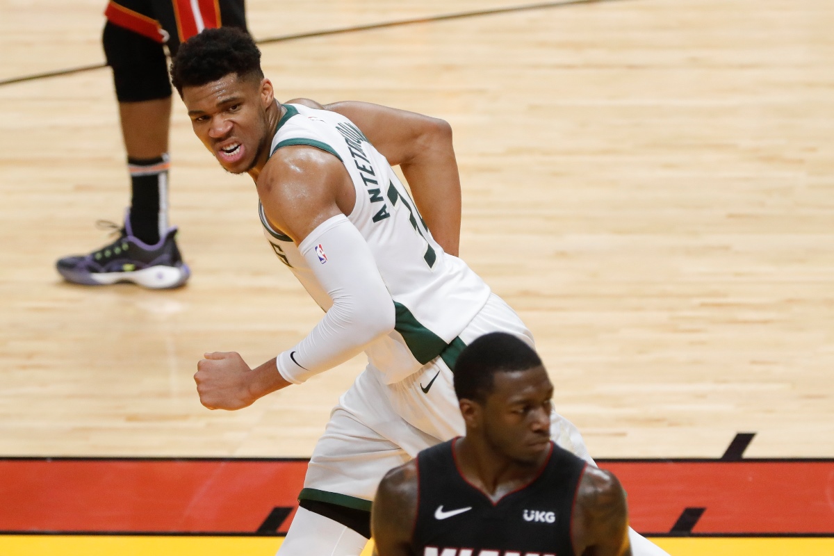 May 29, 2021; Miami, Florida, USA; Milwaukee Bucks forward Giannis Antetokounmpo (34) looks on in the fourth quarter during game four in the first round of the 2021 NBA Playoffs against the Miami Heat at American Airlines Arena. Mandatory Credit: Sam Navarro-USA TODAY Sports