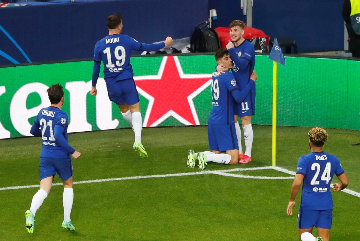 Soccer Football - Champions League Final - Manchester City v Chelsea - Estadio do Dragao, Porto, Portugal - May 29, 2021 Chelsea's Kai Havertz celebrates scoring their first goal with Timo Werner Pool via REUTERS