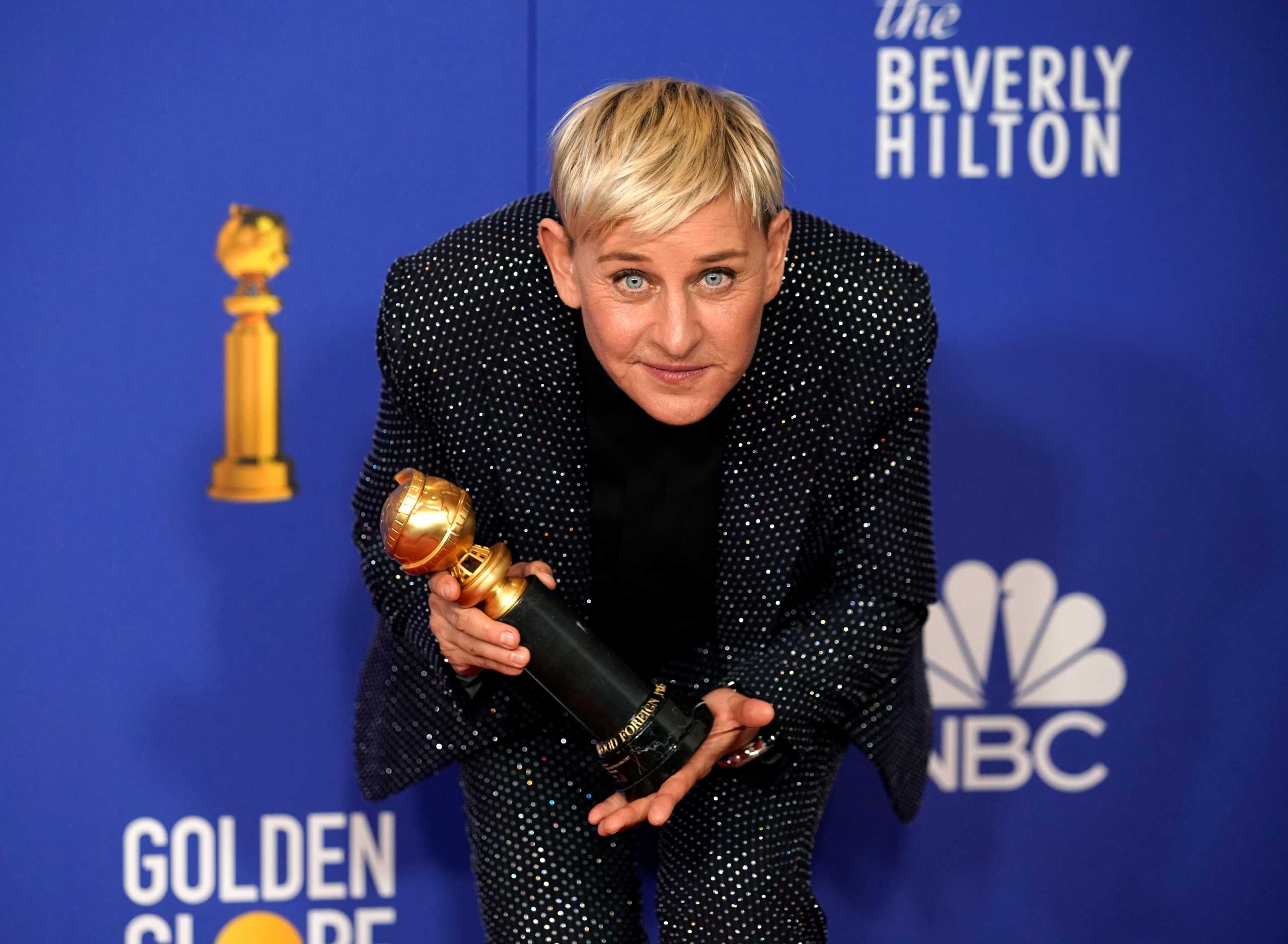 FILE PHOTO: 77th Golden Globe Awards - Photo Room - Beverly Hills, California, U.S., January 5, 2020 - Ellen DeGeneres poses backstage with her Carol Burnett award. REUTERS