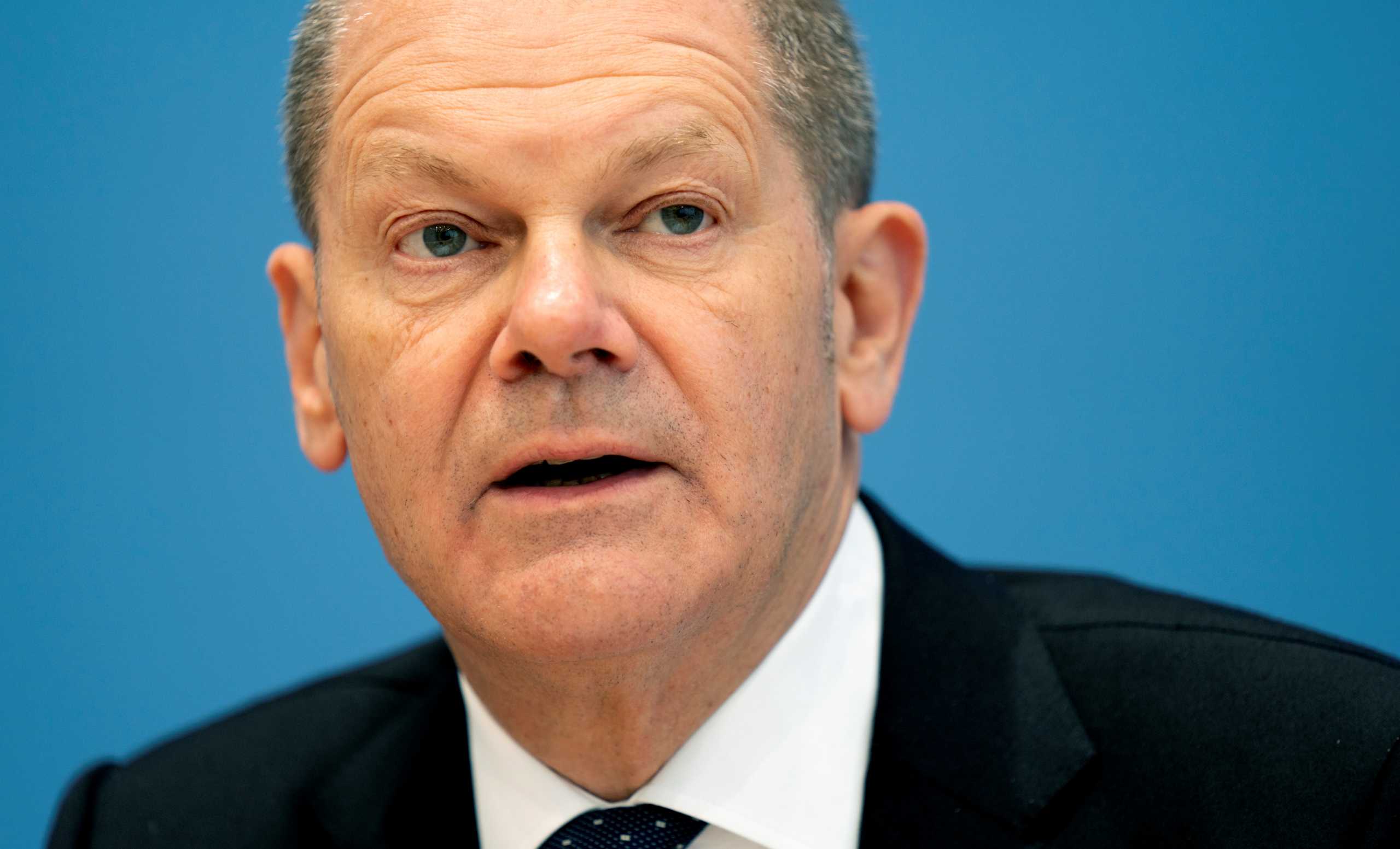 German Finance Minister Olaf Scholz addresses the media during a news conference on the tax estimate in Berlin, Germany, May 12, 2021. Michael Sohn