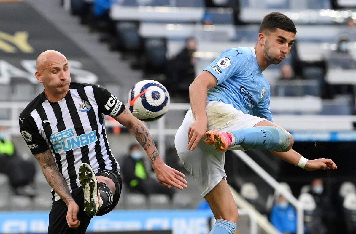 Soccer Football - Premier League - Newcastle United v Manchester City - St James' Park, Newcastle, Britain - May 14, 2021 Manchester City's Ferran Torres scores their second goal Pool via REUTERS