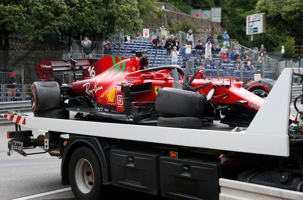 Formula One F1 - Monaco Grand Prix - Circuit de Monaco, Monte Carlo, Monaco - May 22, 2021 The car of Ferrari's Charles Leclerc is recovered after he crashed in qualifying Pool via REUTERS