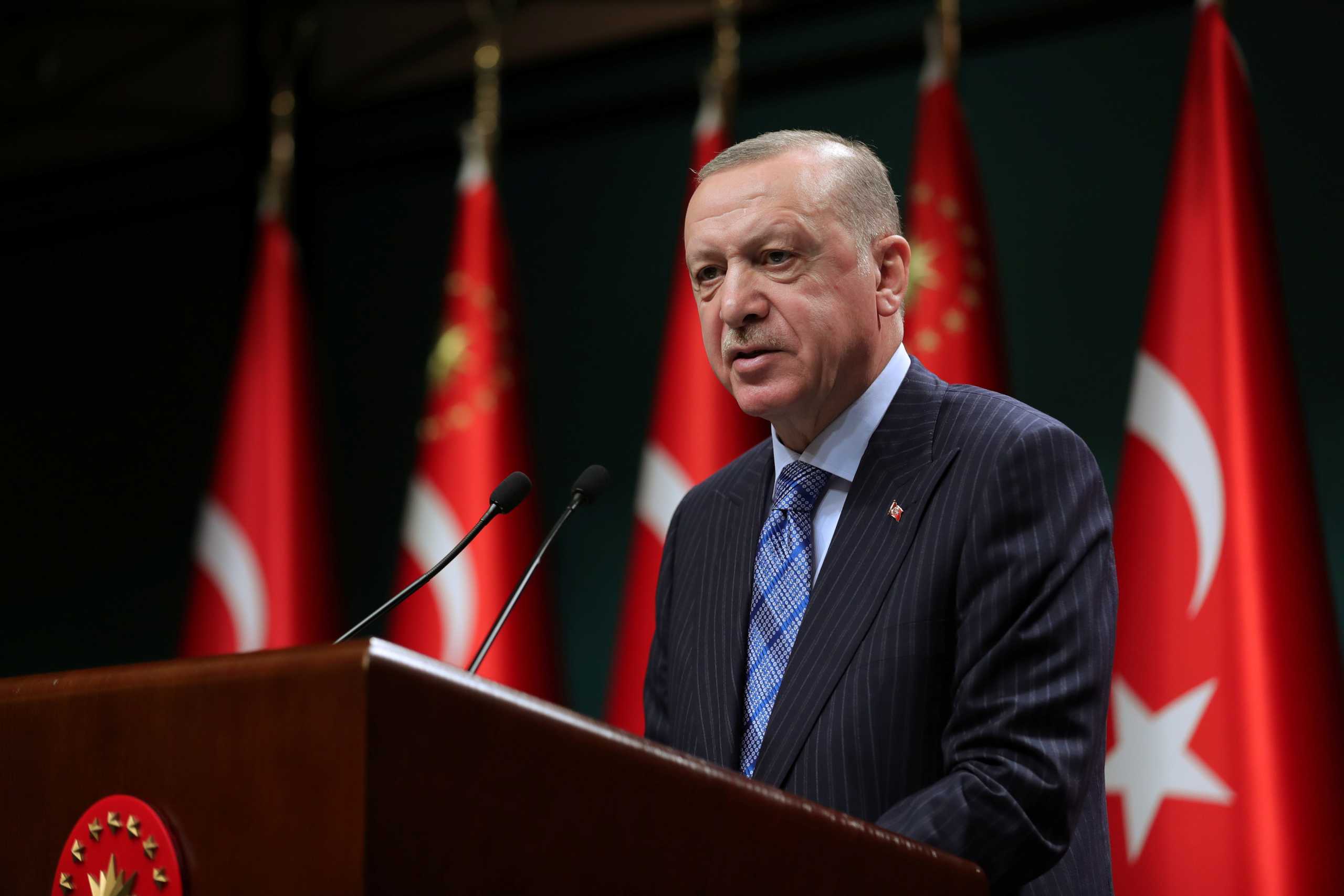 Turkish President Tayyip Erdogan gives a statement after a cabinet meeting in Ankara, Turkey, May 17, 2021. Murat Cetinmuhurdar