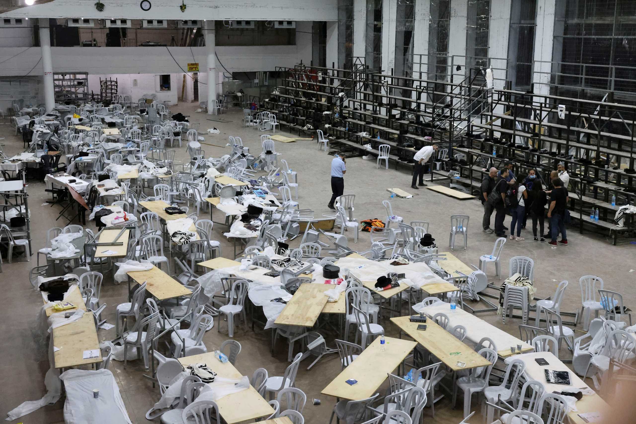 A view inside a synagogue where a grandstand collapsed during a religious celebration in Givat Zeev, in the occupied West Bank, May 16, 2021. REUTERS