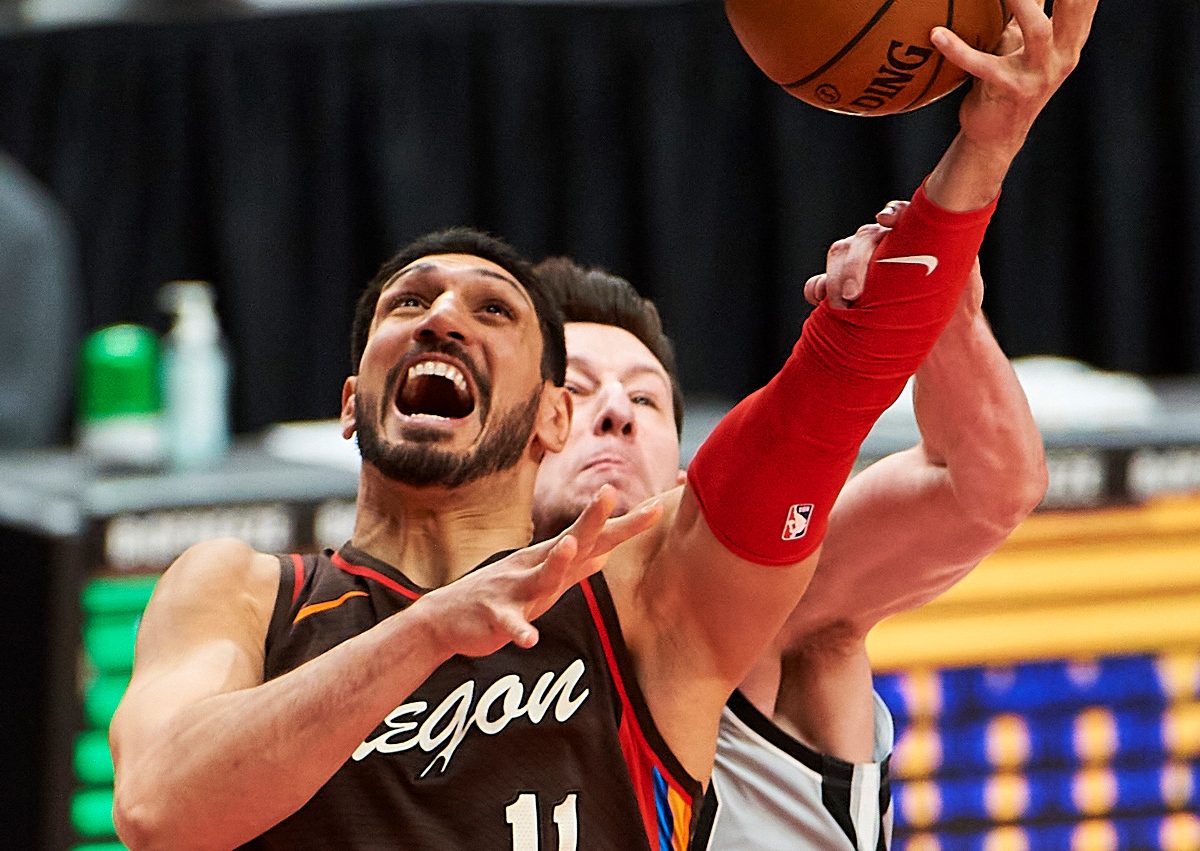 May 8, 2021; Portland, Oregon, USA; Portland Trail Blazers center Enes Kanter (11) is fouled by San Antonio Spurs forward Drew Eubanks (14) during the second half at Moda Center. The Portland Trail Blazers won the game 124-102. Mandatory Credit: Troy Wayrynen-USA TODAY Sports