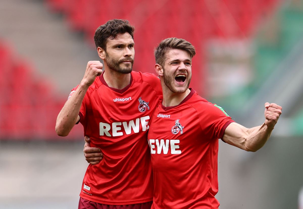 Soccer Football - Bundesliga - FC Cologne v Schalke 04 - RheinEnergieStadion, Cologne, Germany - May 22, 2021 FC Cologne's Jan Thielmann and teammate celebrate a goal later disallowed Pool via REUTERS