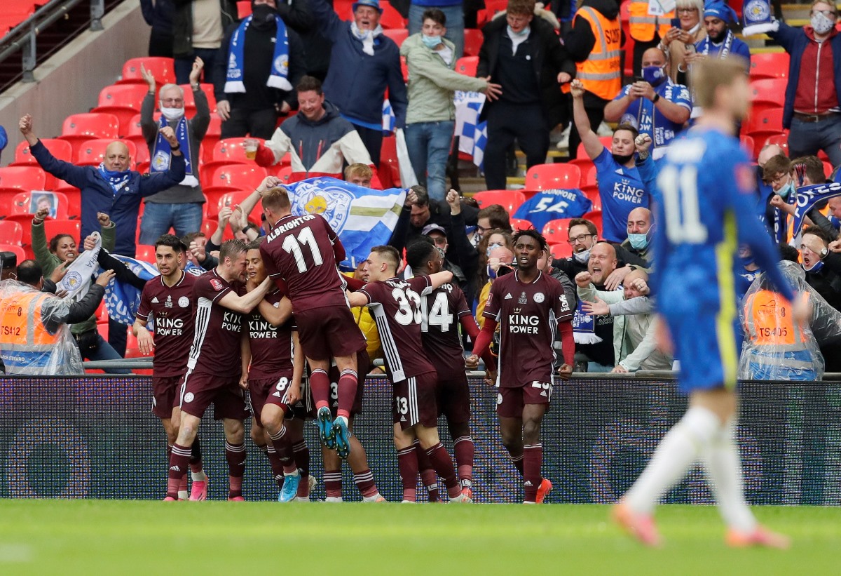 Soccer Football - FA Cup Final - Chelsea v Leicester City - Wembley Stadium, London, Britain - May 15, 2021 Leicester City's Youri Tielemans celebrates scoring their first goal with teammates Pool via REUTERS