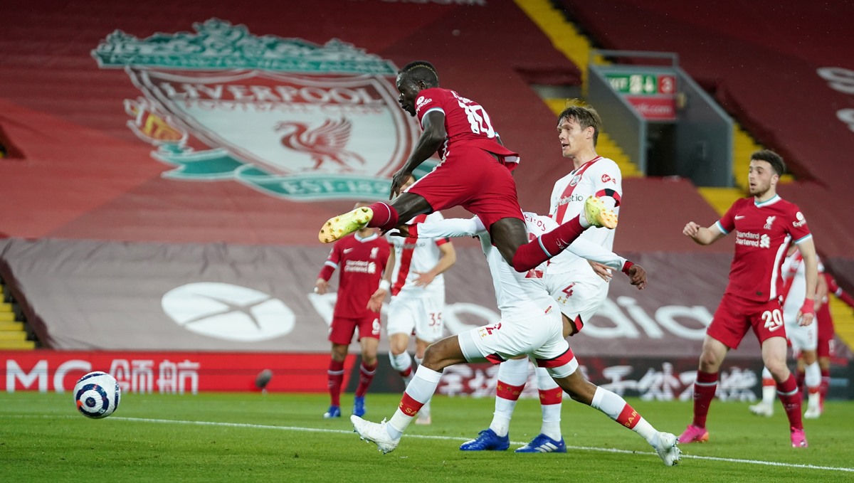 Soccer Football - Premier League - Liverpool v Southampton - Anfield, Liverpool, Britain - May 8, 2021 Liverpool's Sadio Mane scores their first goal Pool via REUTERS