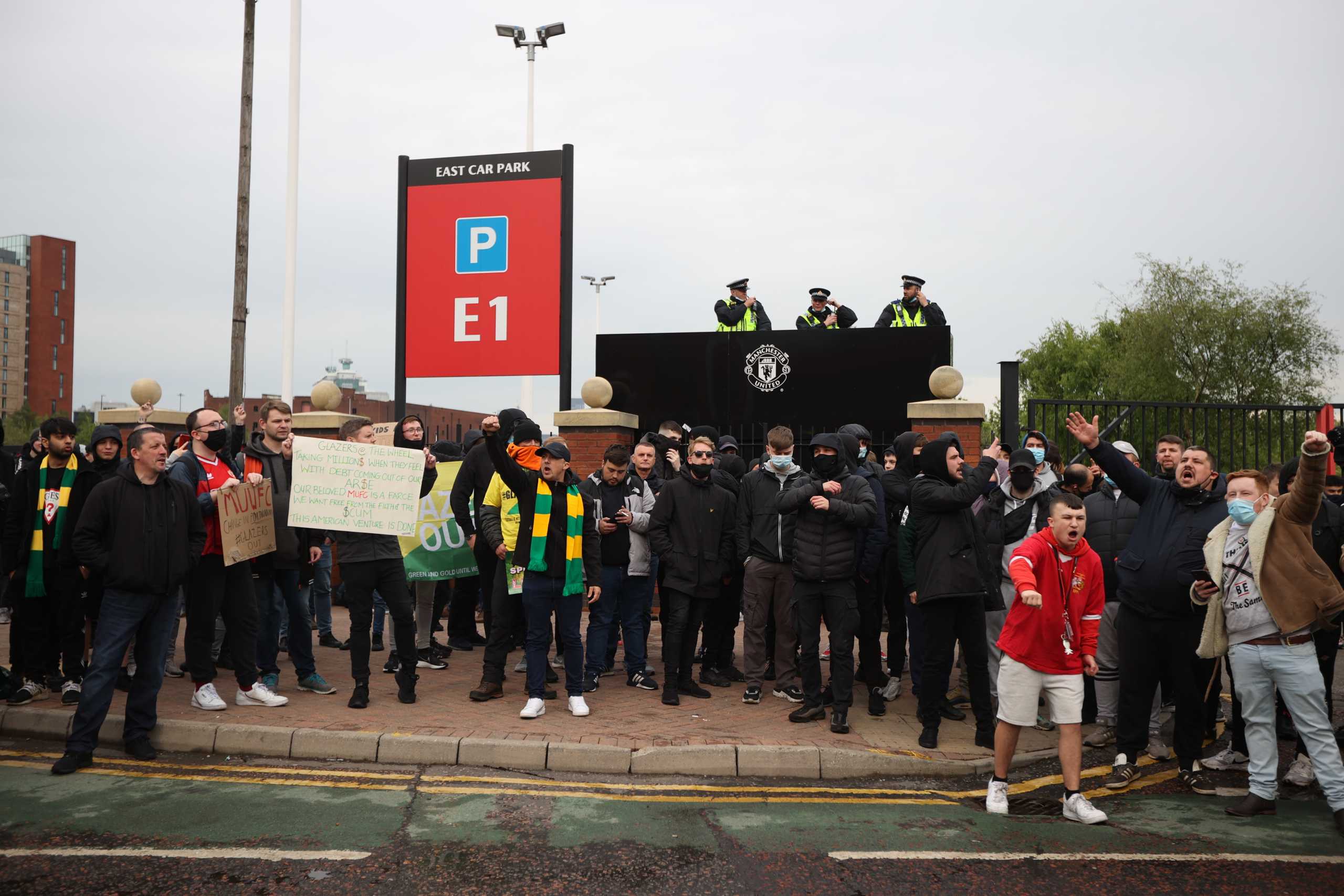Soccer Football - Premier League - Manchester United v Liverpool - Old Trafford, Manchester, Britain - May 13, 2021 Fan protests against the owners outside the stadium before the match Action Images via Reuters