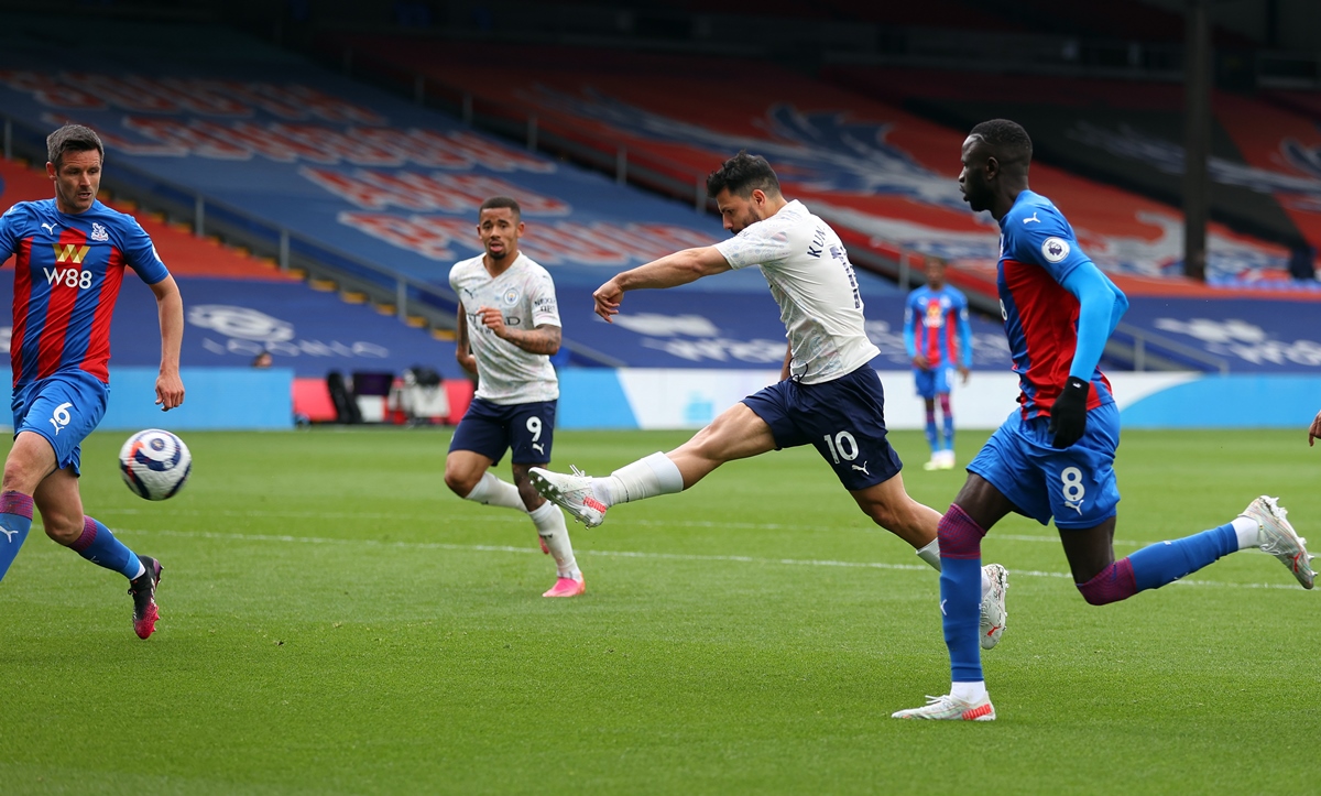 Soccer Football - Premier League - Crystal Palace v Manchester City - Selhurst Park, London, Britain - May 1, 2021 Manchester City's Sergio Aguero scores their first goal Pool via REUTERS