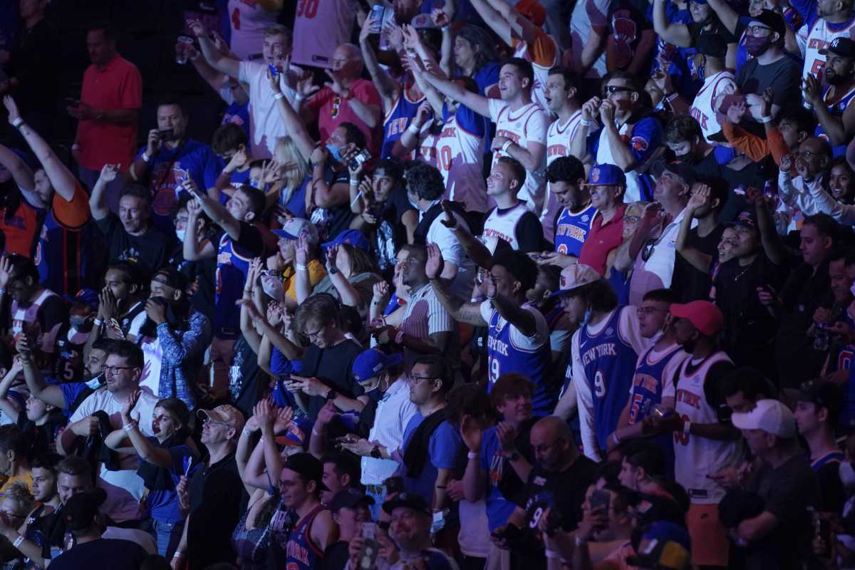 May 23, 2021; New York, New York, USA; Fan are on their feet during the second half in game one in the first round of the 2021 NBA Playoffs between the Atlanta Hawks and the New York Knicks at Madison Square Garden. Mandatory Credit: Seth Wenig