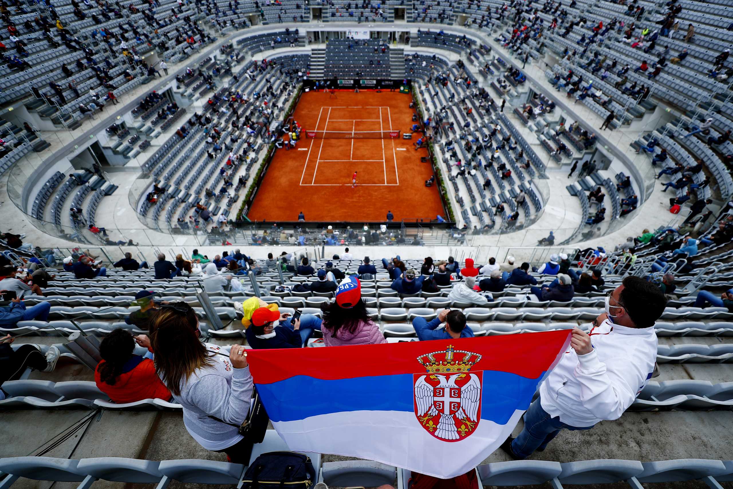 Tennis - ATP Masters 1000 - Italian Open - Foro Italico, Rome, Italy - May 14, 2021 A Serbia flag is pictured during the quarter final match between Serbia's Novak Djokovic and Greece's Stefanos Tsitsipas REUTERS