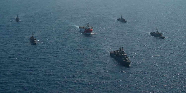 Turkish seismic research vessel Oruc Reis is escorted by Turkish Navy ships as it sets sail in the Mediterranean Sea, off Antalya, Turkey, August 10, 2020. Picture taken August 10, 2020. Turkish Defence Ministry