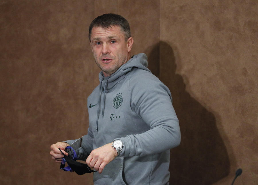 epa08868690 Ferencvaros head coach Serhiy Rebrov attends a press conference in Kiev, Ukraine, 07 December 2020. Dynamo Kyiv will face Ferencvaros in their UEFA Champions League group G soccer match in Kiev, Ukraine on 08 December 2020.  EPA