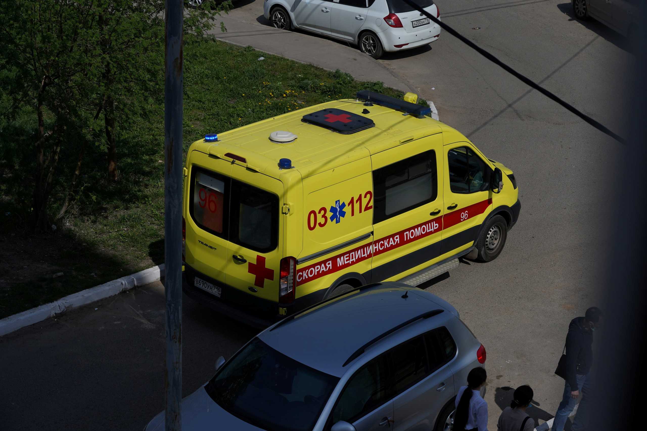 Ambulance is pictured after a deadly shooting at School Number 175 in Kazan, Tatarstan, Russia May 11, 2021 in this image obtained from social media. Courtesy of Max Zareckiy via REUTERS THIS IMAGE HAS BEEN SUPPLIED BY A THIRD PARTY. NO RESALES. NO ARCHIVES. MANDATORY CREDIT
