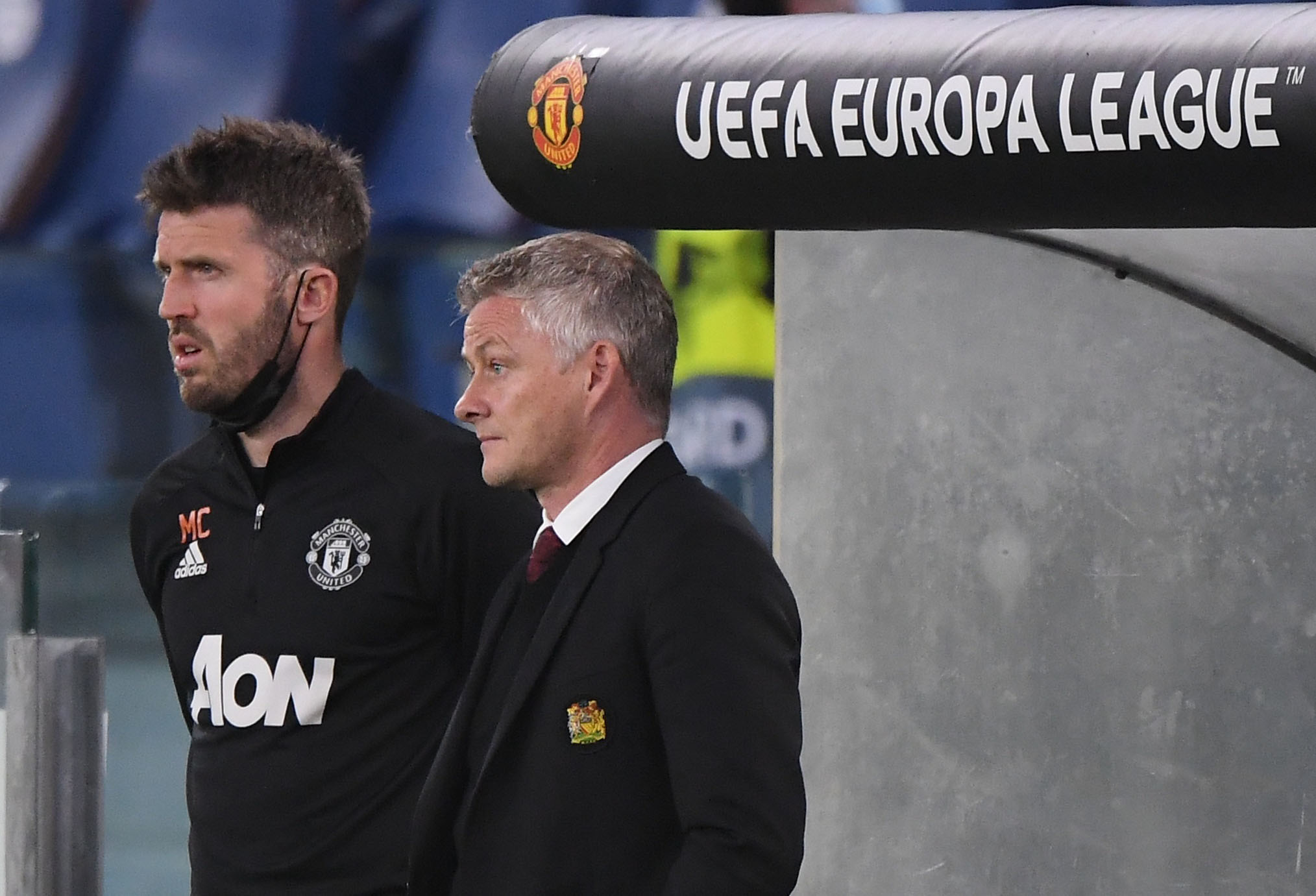 Soccer Football - Europa League - Semi Final Second Leg - AS Roma v Manchester United - Stadio Olimpico, Rome, Italy - May 6, 2021 Manchester United manager Ole Gunnar Solskjaer and first team coach Michael Carrick REUTERS