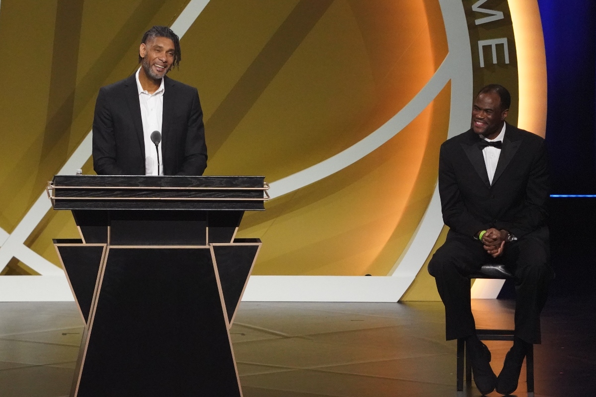 May 15, 2021; Uncasville, Connecticut, USA;  Class of 2020 inductee Tim Duncan with David Robinson (right) speaks during the Naismith Memorial Basketball Hall of Fame Enshrinement ceremony at Mohegan Sun Arena. Mandatory Credit: David Butler II-USA TODAY Sports