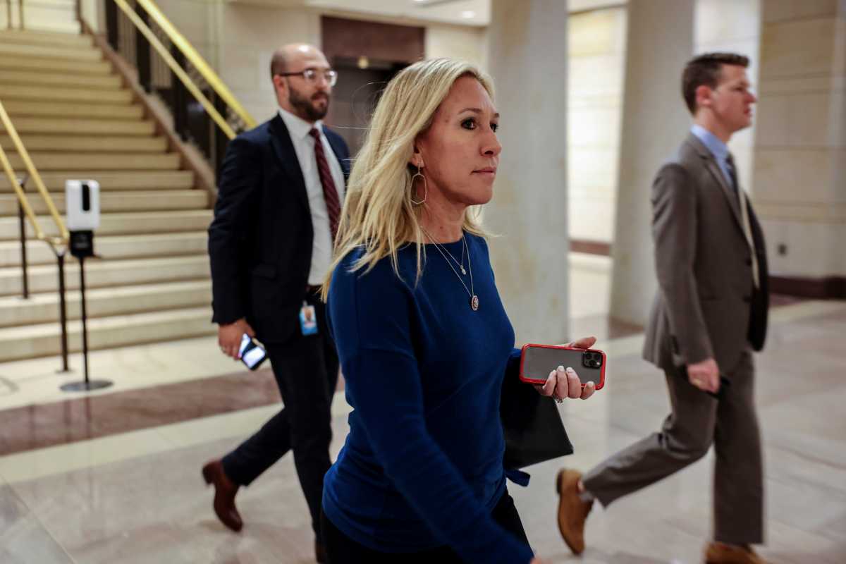 U.S. Representative Marjorie Taylor Greene (R-GA) arrives for a House Republican Caucus candidates forum to run for GOP conference chair, the third ranking leadership position, on Capitol Hill in Washington, U.S., May 13, 2021. REUTERS