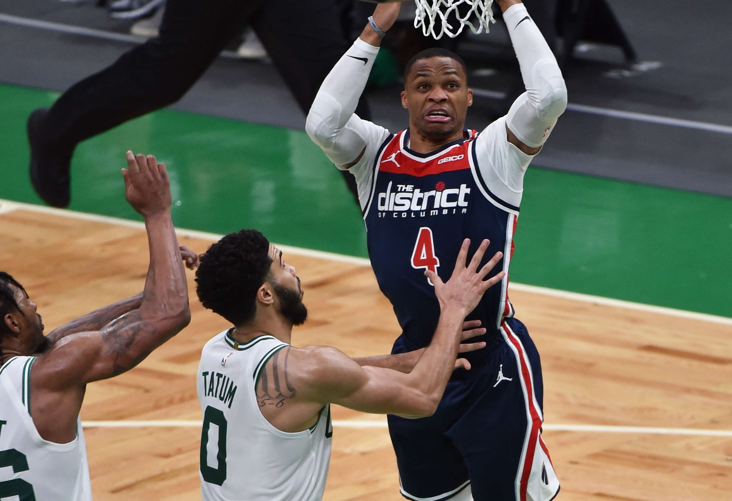 May 18, 2021; Boston, Massachusetts, USA;  Washington Wizards guard Russell Westbrook (4) shoots the ball while Boston Celtics forward Jayson Tatum (0) defends during the second half at TD Garden. Mandatory Credit: Bob DeChiara-USA TODAY Sports