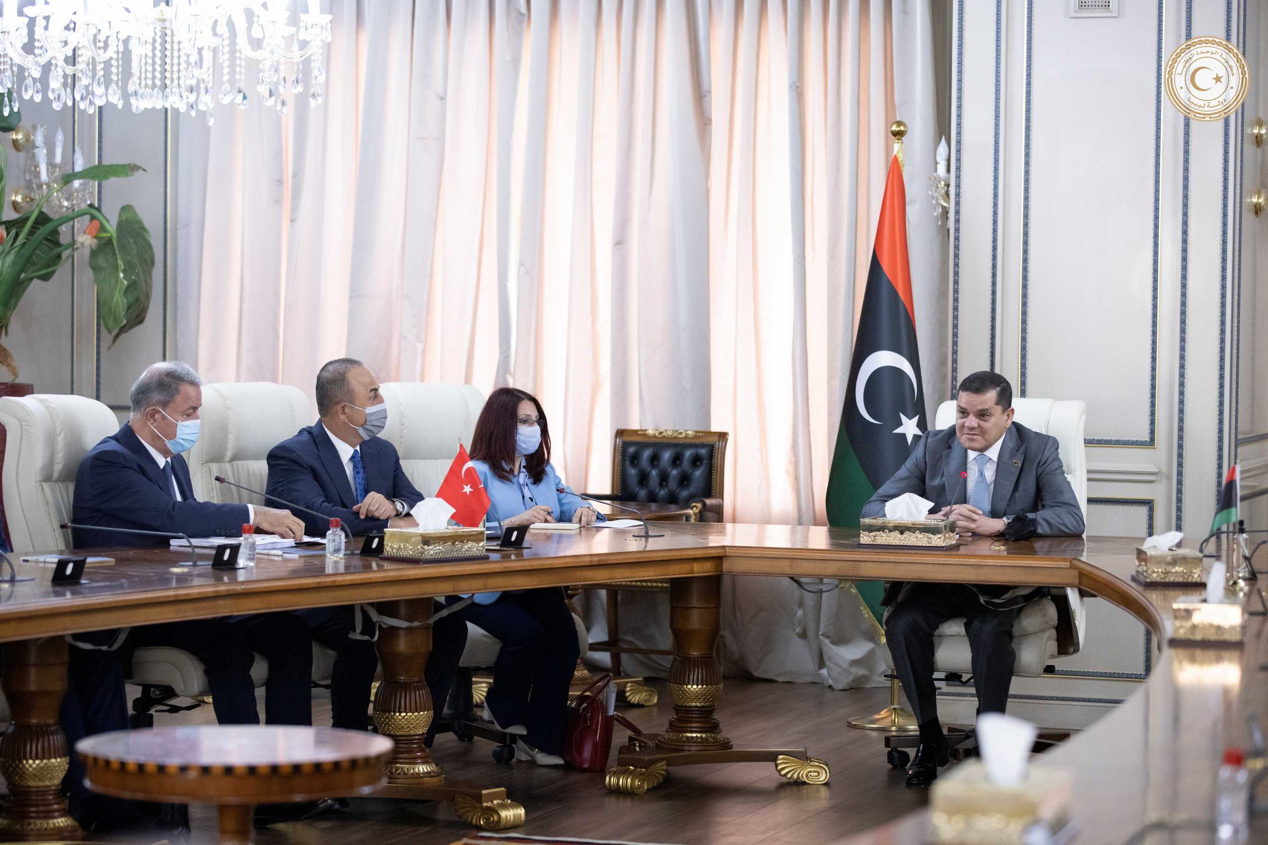 Turkish Foreign Minister Mevlut Cavusoglu meets with Libyan Prime Minister Abdulhamid Dbeibeh, in Tripoli, Libya, May 3, 2021. Media Office of the Prime Minister