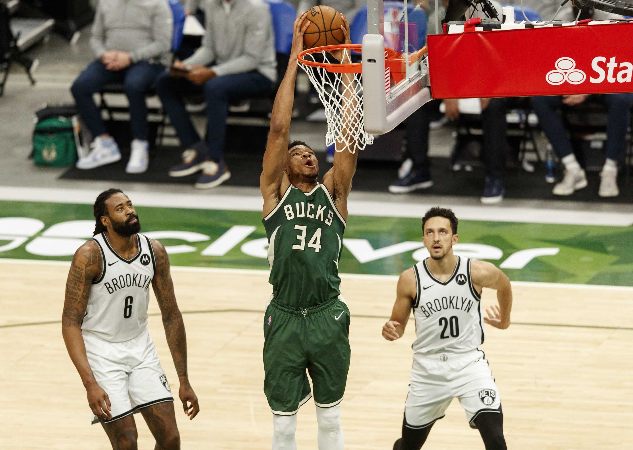 May 2, 2021; Milwaukee, Wisconsin, USA; Milwaukee Bucks forward Giannis Antetokounmpo (34) dunks during the first quarter against the Brooklyn Nets at Fiserv Forum. Mandatory Credit: Jeff Hanisch-USA TODAY Sports