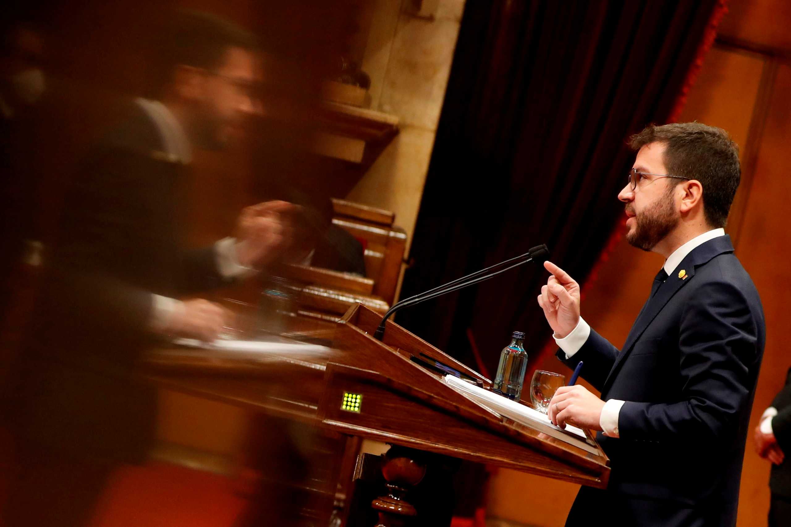 The Catalan leader of the Republican Left Party (ERC) Pere Aragones speaks during an investiture debate at the Catalonian regional parliament in Barcelona, Spain, May 21, 2021. Alberto Estevez