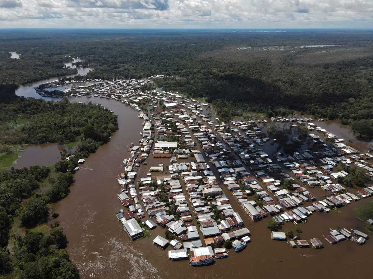 An aerial view of the town of Anama, flooded by water from the Solimoes river in Amazonas State, Brazil May 14, 2021. Picture taken May 14, 2021. Picture taken with a drone. REUTERS