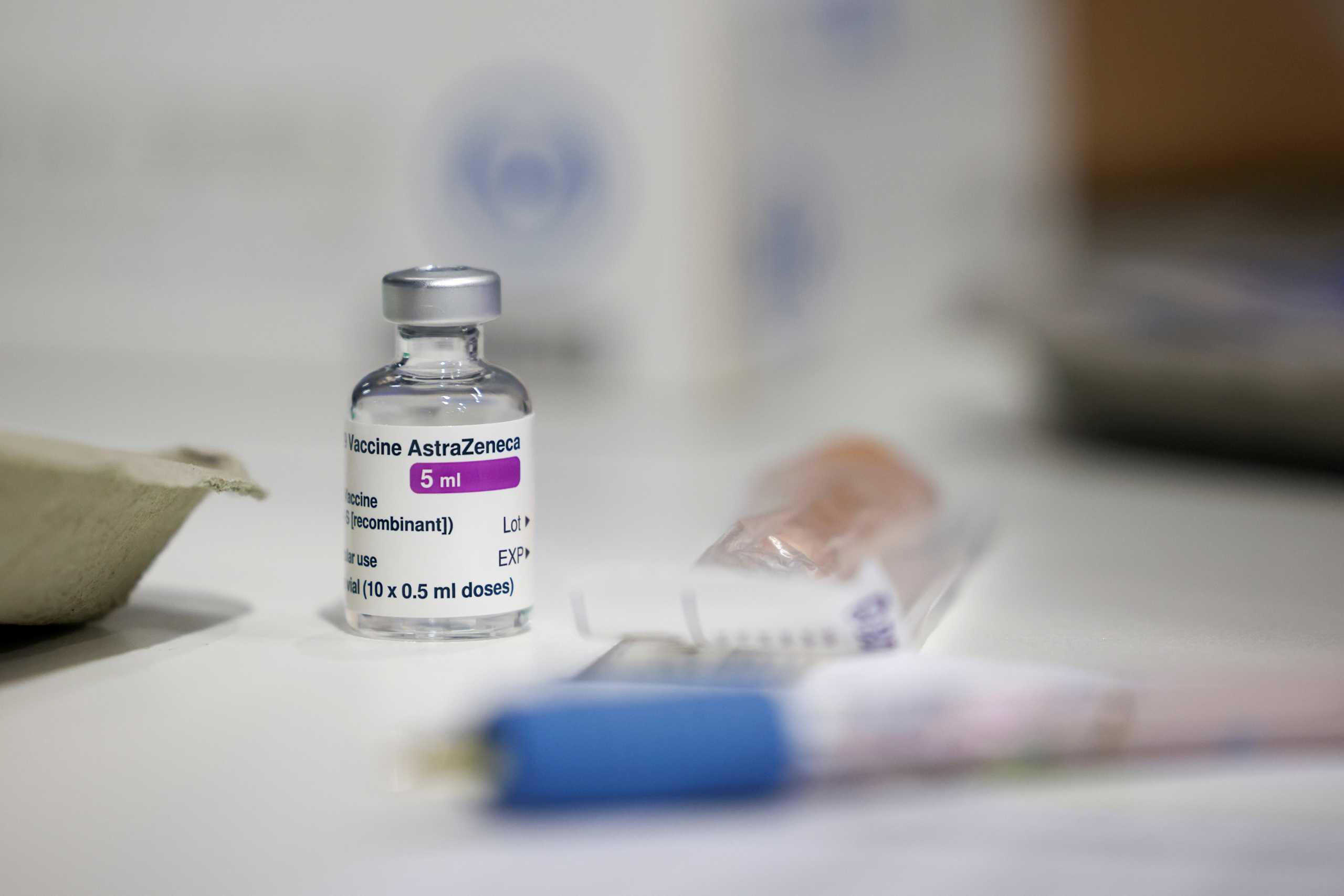 FILE PHOTO: A vial of AstraZeneca coronavirus vaccine is seen at a vaccination centre in Westfield Stratford City shopping centre, amid the outbreak of coronavirus disease (COVID-19), in London, Britain, February 18, 2021. REUTERS