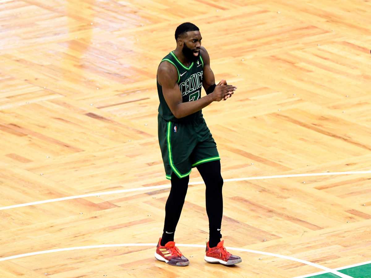 Apr 19, 2021; Boston, Massachusetts, USA; Boston Celtics guard Jaylen Brown (7) reacts after making a three point basket against the Chicago Bulls during the fourth quarter at the TD Garden. Mandatory Credit: Brian Fluharty-USA TODAY Sports