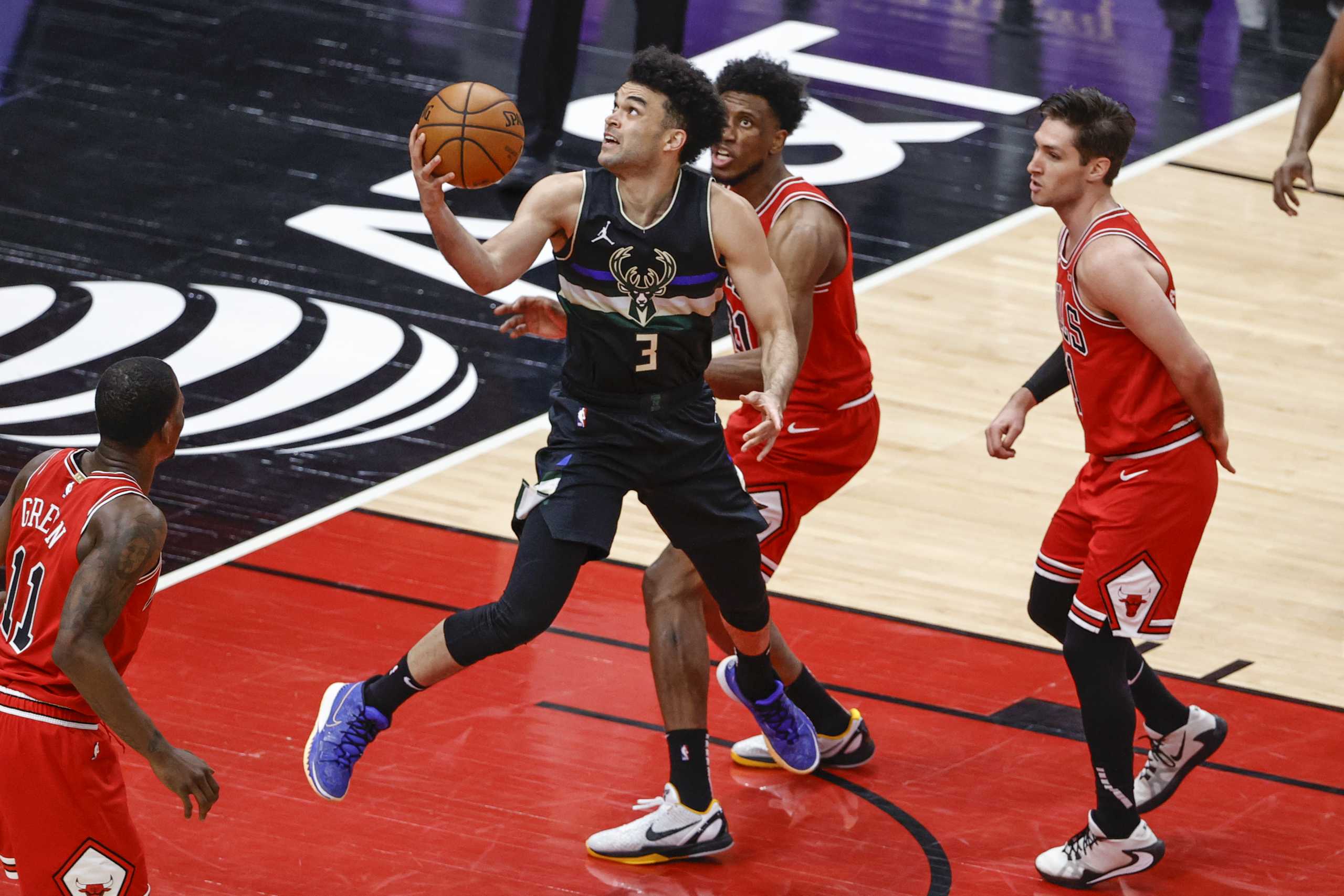 May 16, 2021; Chicago, Illinois, USA; Milwaukee Bucks guard Elijah Bryant (3) looks to shoot against the Chicago Bulls during the second half at United Center. Mandatory Credit: Kamil Krzaczynski-USA TODAY Sports