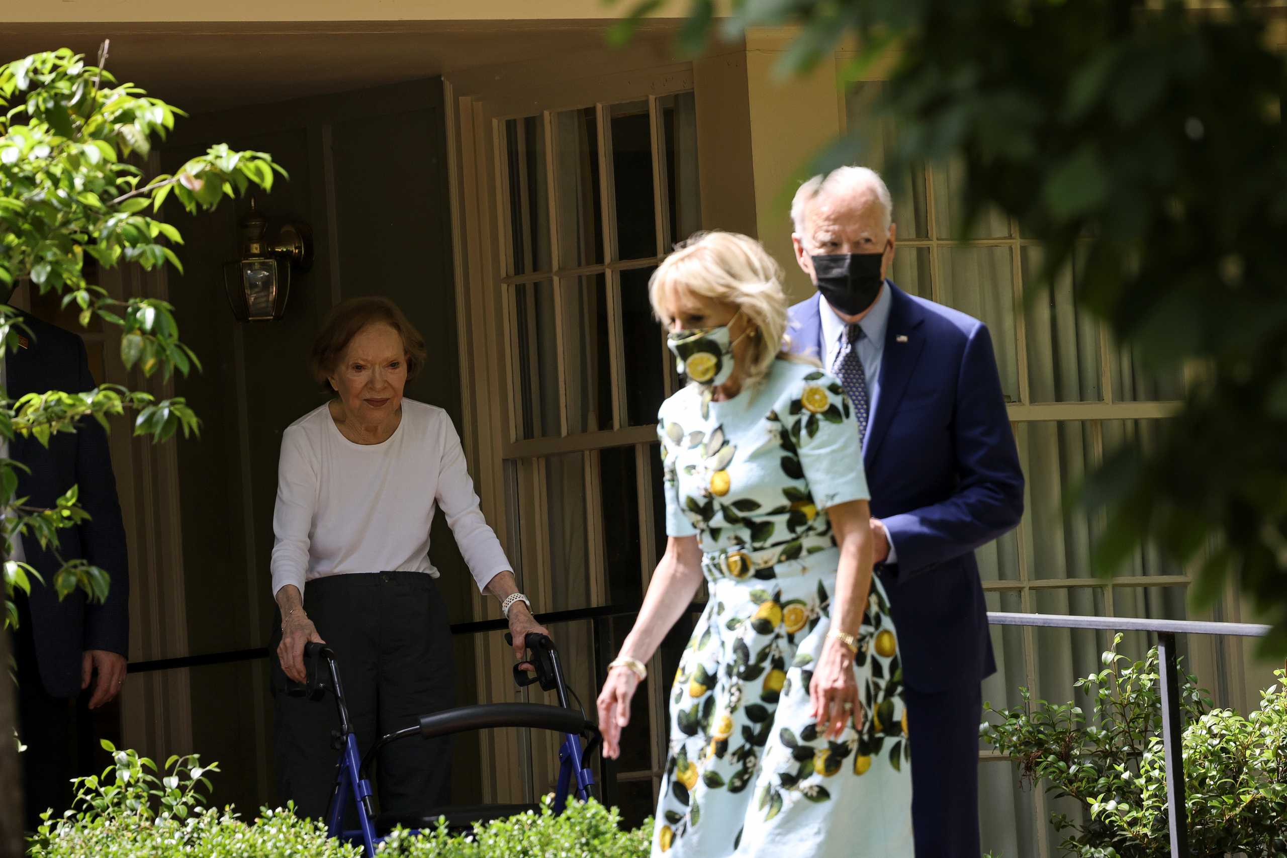 Former first lady Rosalynn Carter sees off U.S. President Joe Biden and first lady Jill Biden after they met with former President Jimmy Carter and Mrs. Carter in Plains, Georgia, U.S., April 29, 2021. REUTERS