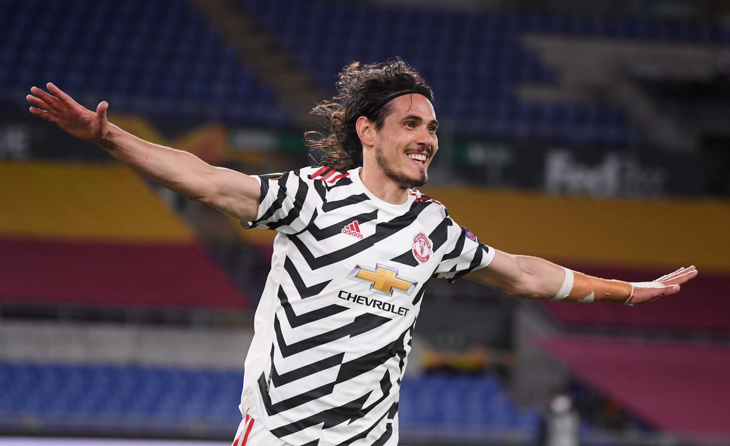 Soccer Football - Europa League - Semi Final Second Leg - AS Roma v Manchester United - Stadio Olimpico, Rome, Italy - May 6, 2021 Manchester United's Edinson Cavani celebrates scoring their second goal REUTERS