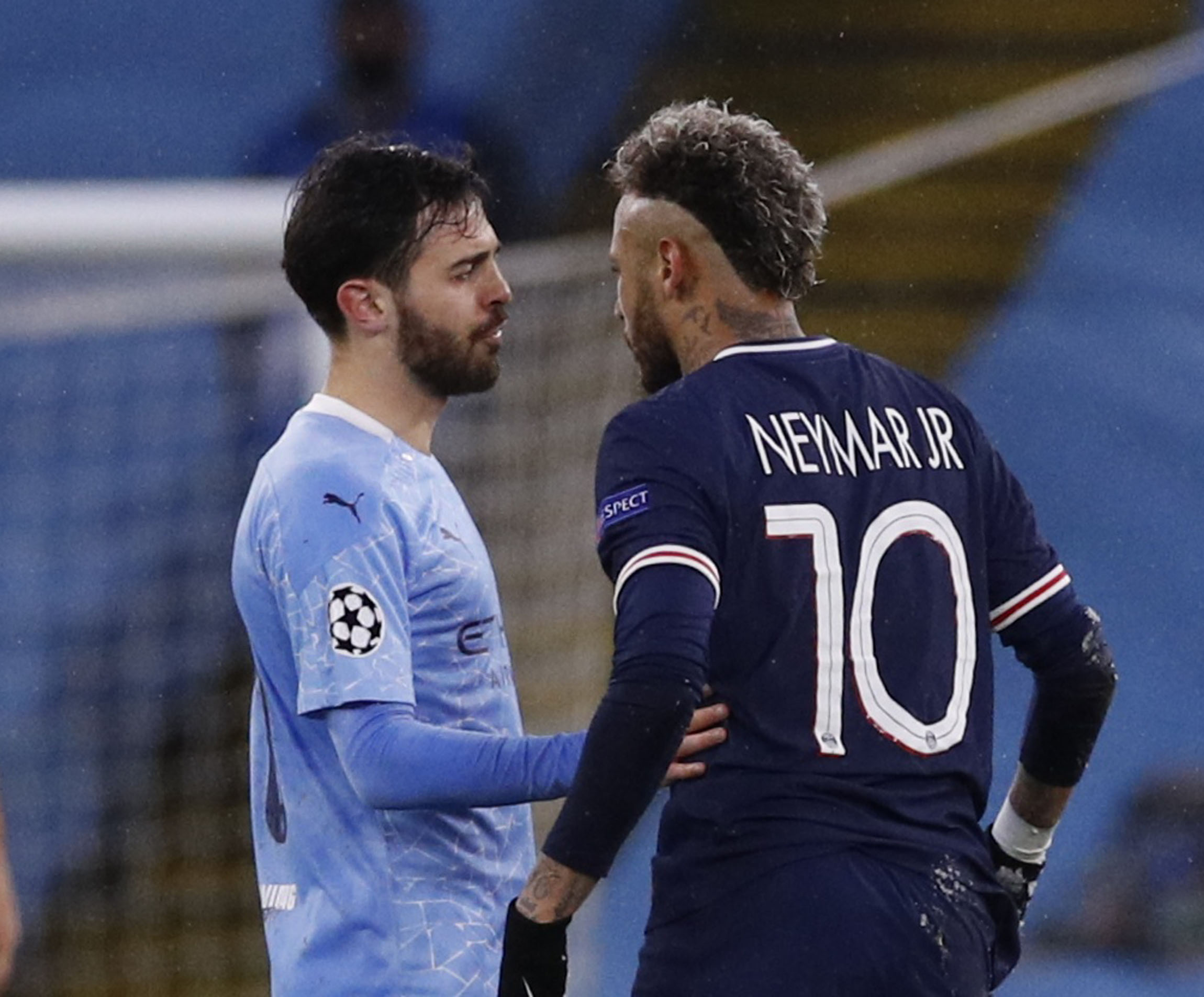 Soccer Football - Champions League - Semi Final Second Leg - Manchester City v Paris St Germain - Etihad Stadium, Manchester, Britain - May 4, 2021 Manchester City's Bernardo Silva clashes with Paris St Germain's Neymar REUTERS