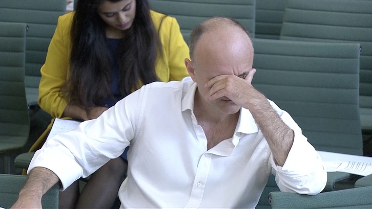Dominic Cummings, former special advisor for Britain's Prime Minister Boris Johnson faces questions from lawmakers over the government's COVID-19 response, in London,Britain, May 26, 2021, in this screen grab taken from video. Reuters TV via REUTERS. THIS IMAGE HAS BEEN SUPPLIED BY A THIRD PARTY. NEWS AND CURRENT AFFAIRS USE ONLY, CANNOT BE USED FOR LIGHT ENTERTAINMENT OR SATIRICAL PURPOSES, PARTY POLITICAL BROADCAST USAGE MUST BE CLEARED WITH PBU.