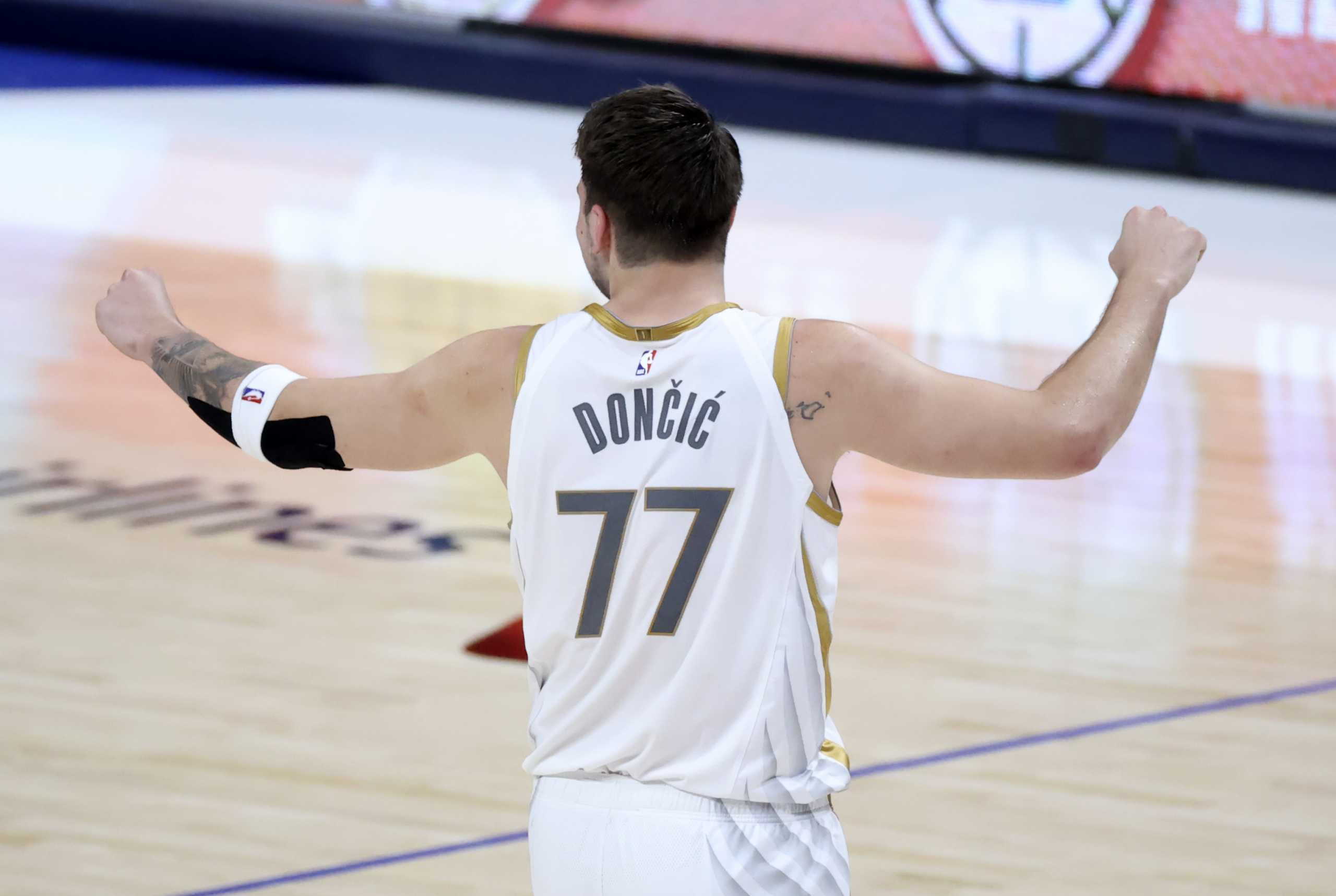 May 6, 2021; Dallas, Texas, USA; Dallas Mavericks guard Luka Doncic (77) reacts during the fourth quarter against the Brooklyn Nets at American Airlines Center. Mandatory Credit: Kevin Jairaj-USA TODAY Sports
