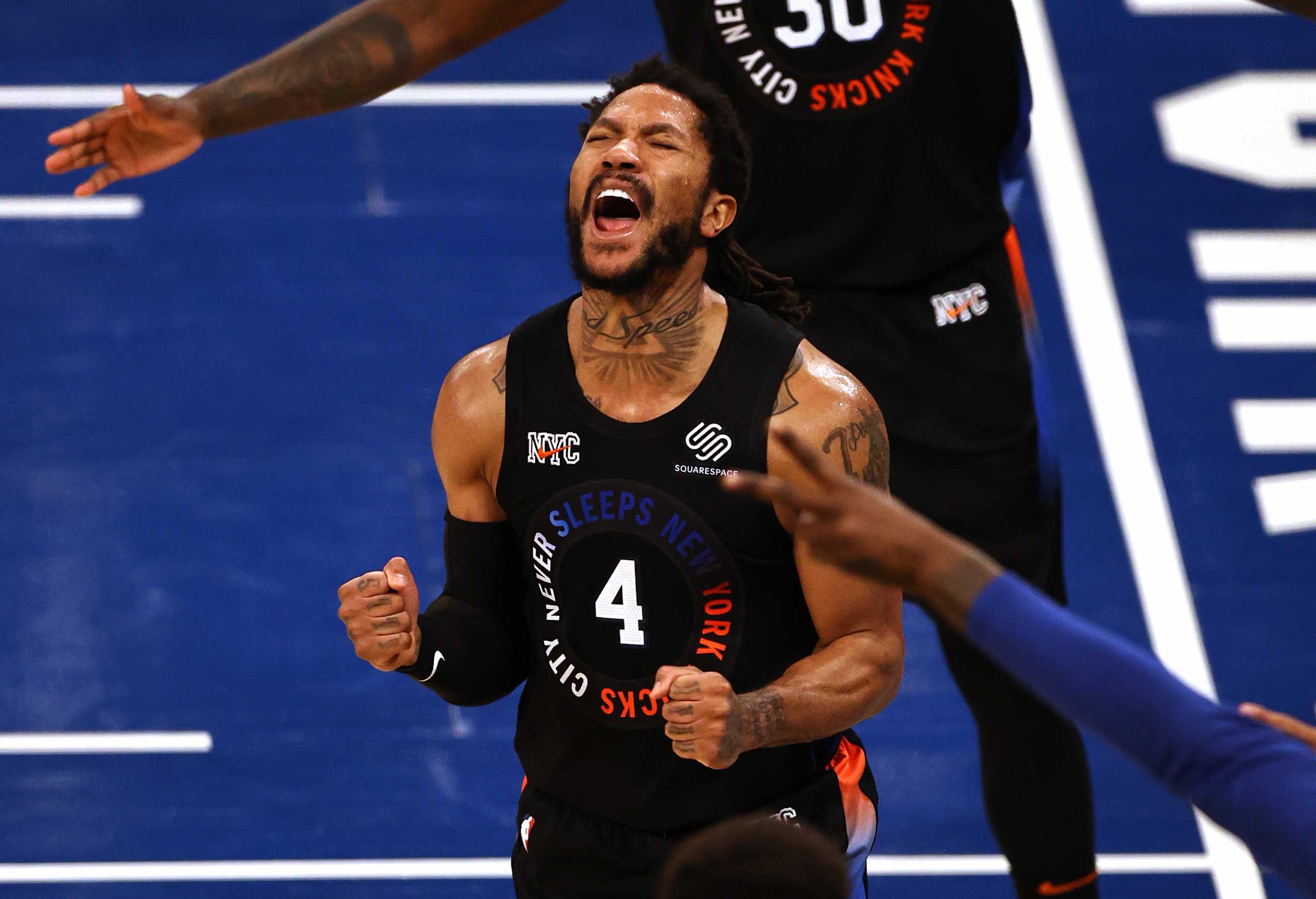 May 26, 2021; New York, New York, USA; New York Knicks guard Derrick Rose (4) reacts against the Atlanta Hawks during the second half of game two of the Eastern Conference quarterfinal at Madison Square Garden. Mandatory Credit:  Elsa