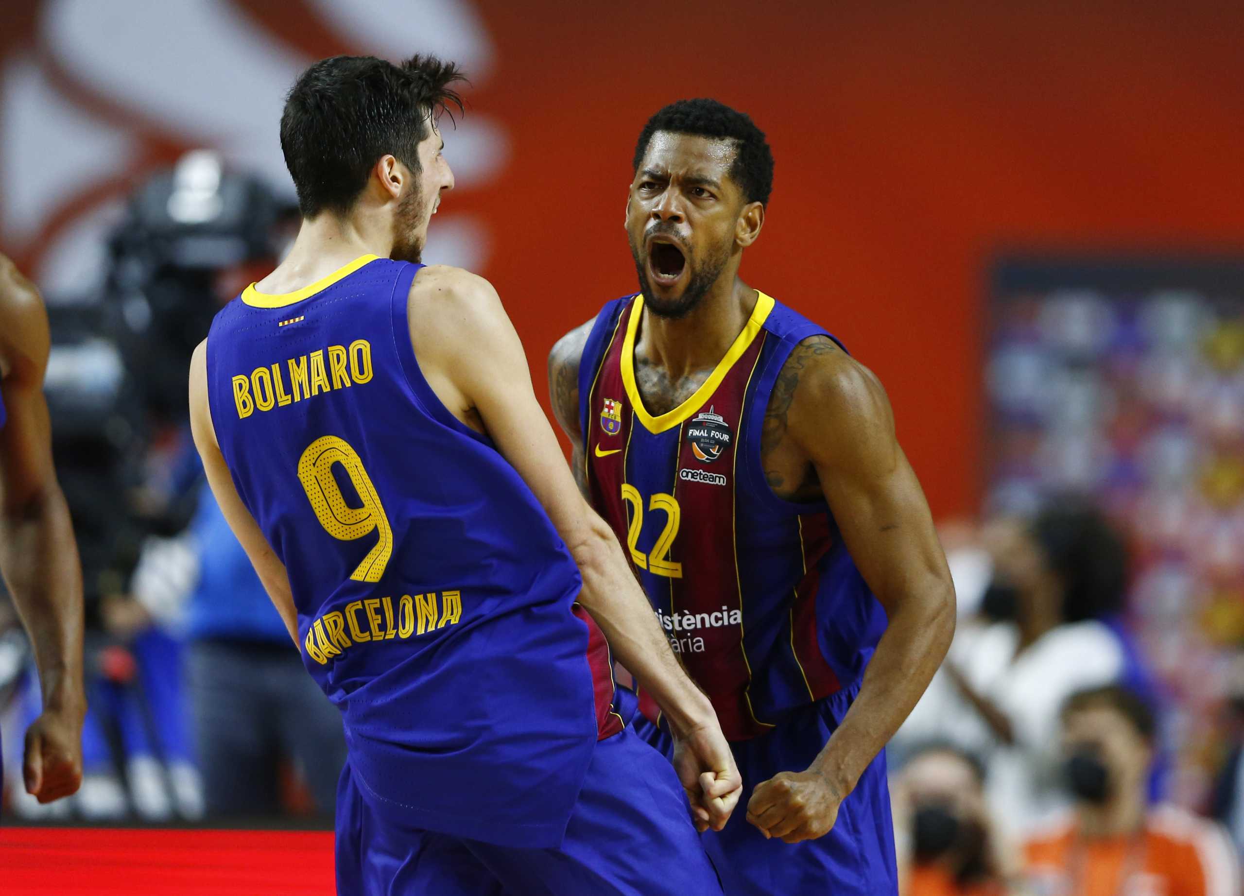 Basketball - Euroleague Final Four - FC Barcelona v Olimpia Milano - Lanxess Arena, Cologne, Germany - May 28, 2021 FC Barcelona's Cory Higgins and Leandro Bolmaro celebrate scoring REUTERS