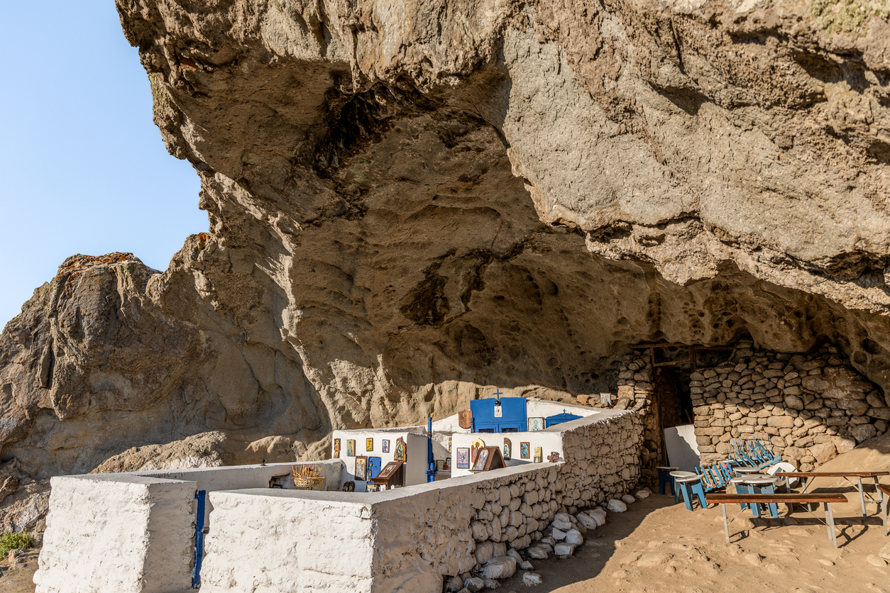 Church of Panagia Kakaviotissa in cave, Lemnos Island Eastern Aegean Greece, summer wedding destination.