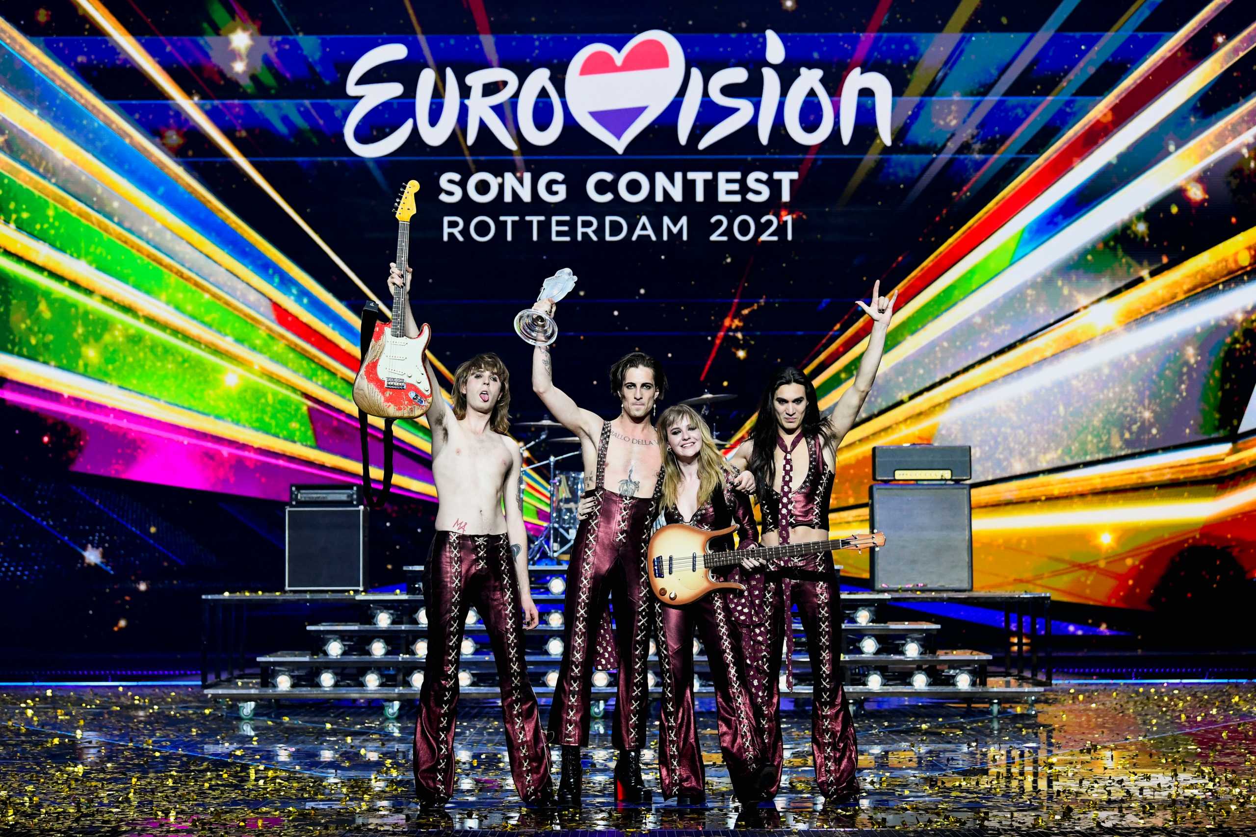 Maneskin of Italy appear on stage after winning the 2021 Eurovision Song Contest in Rotterdam, Netherlands, May 23, 2021. REUTERS