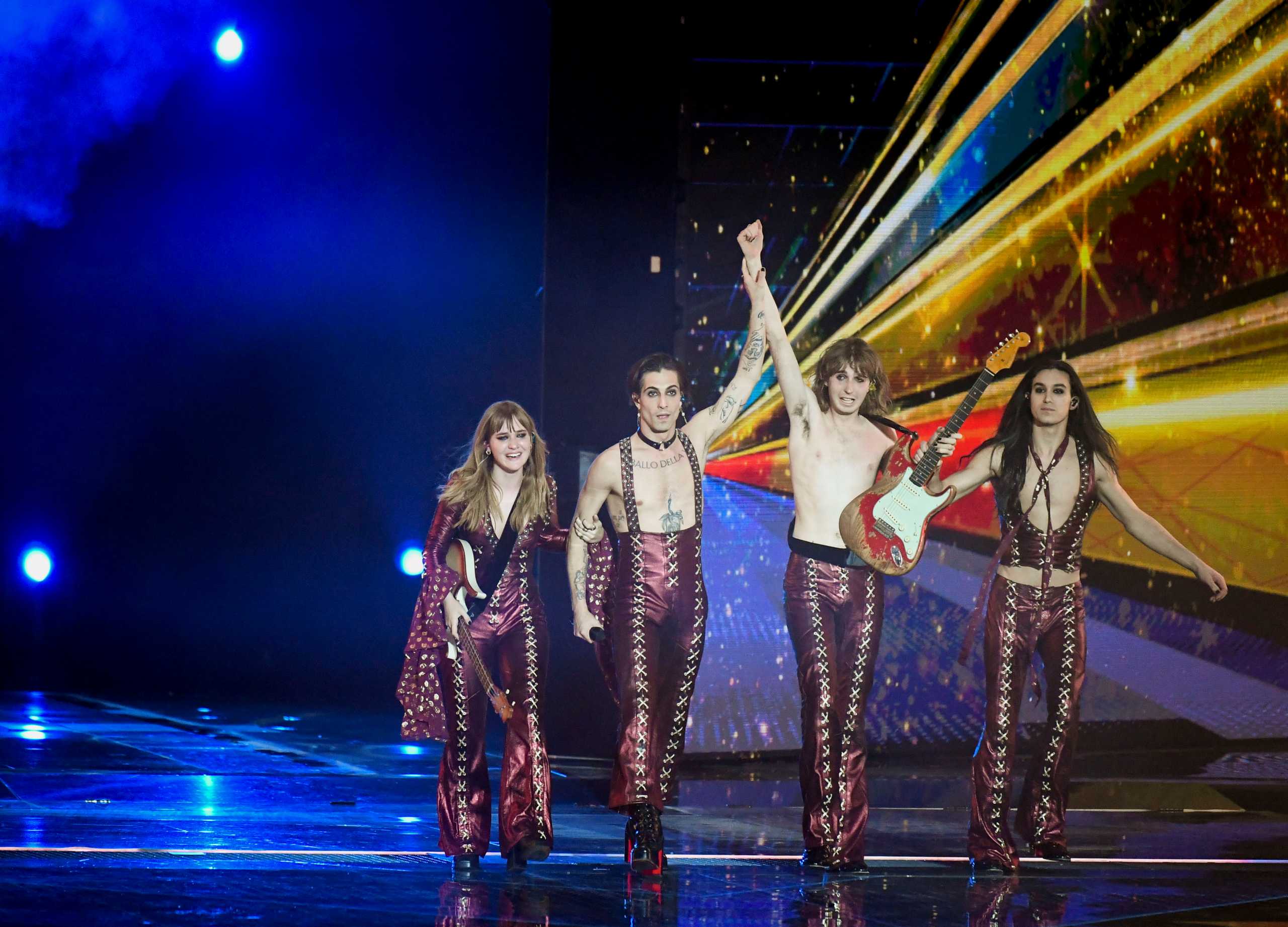 Maneskin of Italy appear on stage after winning the 2021 Eurovision Song Contest in Rotterdam, Netherlands, May 23, 2021. REUTERS